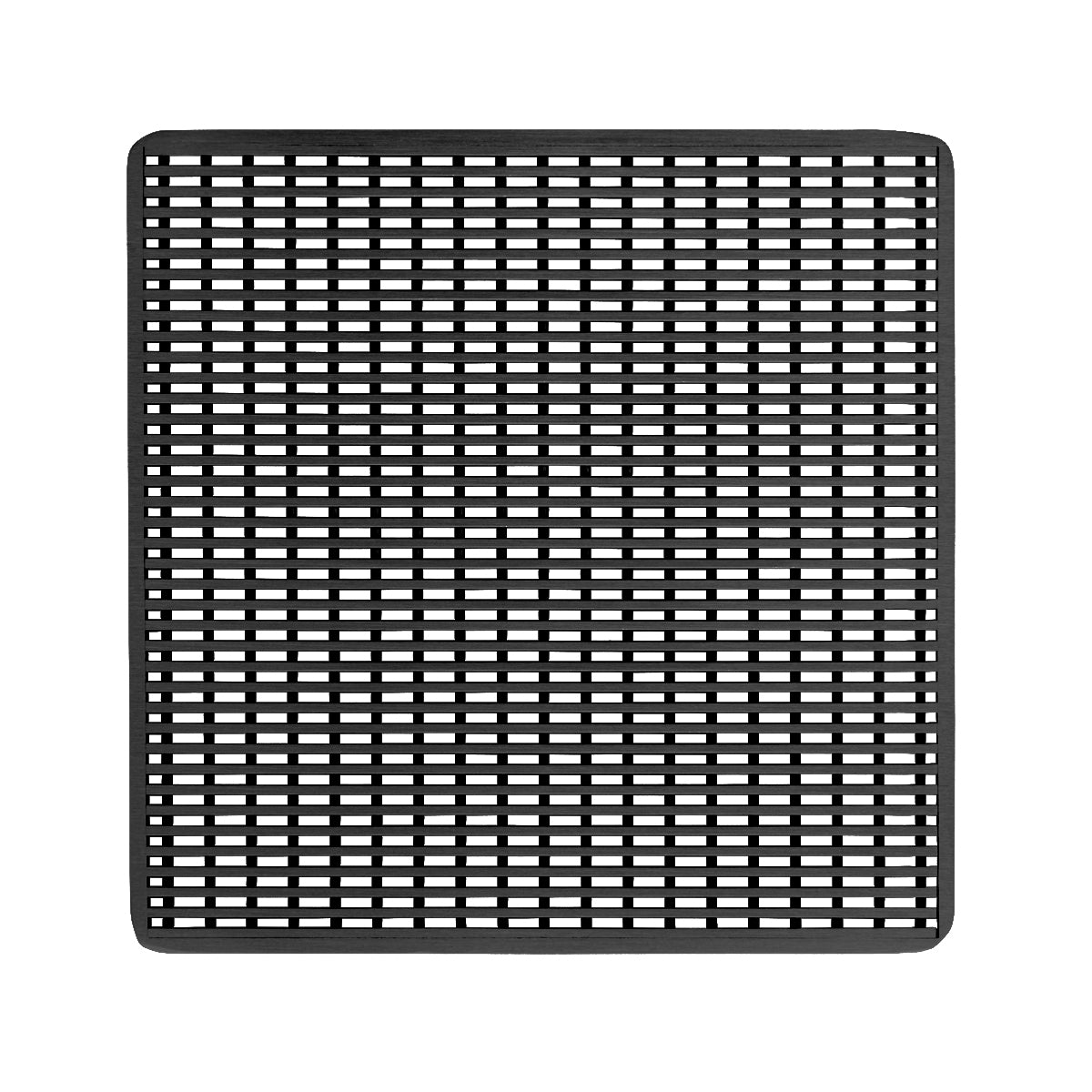 Matte black square drain cover with grid pattern and rounded corners, center drain opening.
