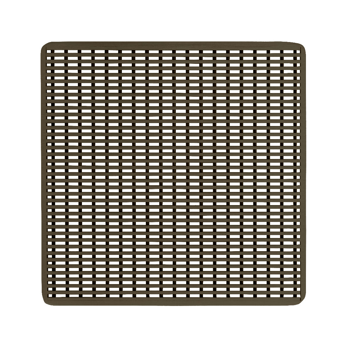 Square oil rubbed bronze drain cover with grid pattern cutouts and rounded corners.
