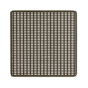 Square oil rubbed bronze drain cover with grid pattern cutouts and rounded corners.