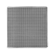 Square polished stainless steel drain cover with horizontal slot pattern and center drain opening.