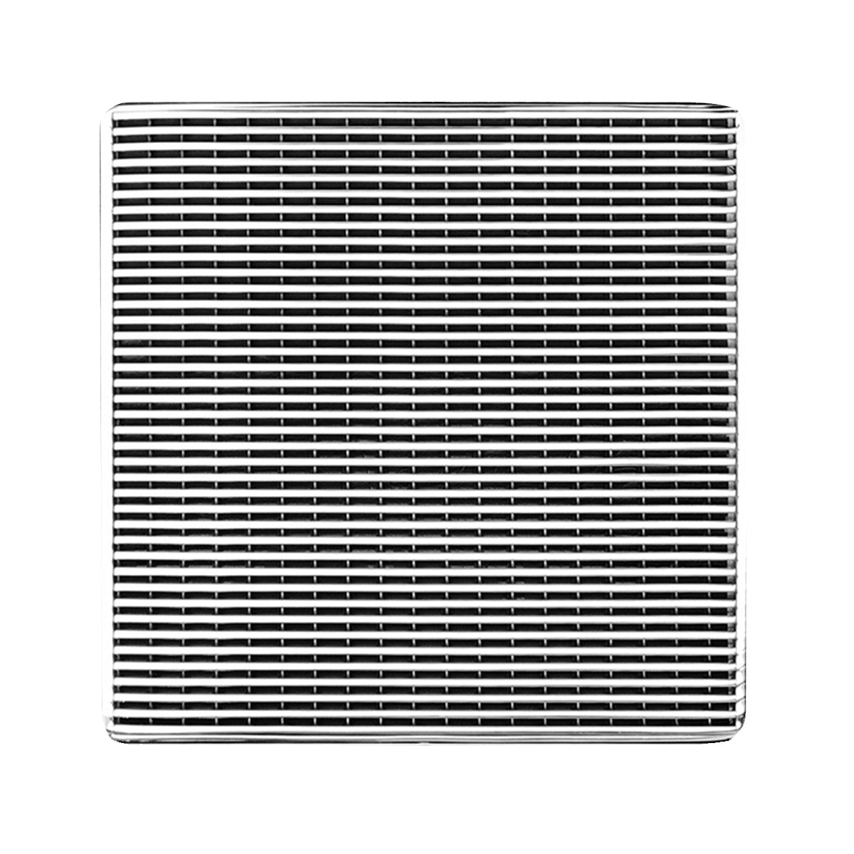 Square polished stainless steel drain cover with horizontal slot pattern and center drain opening.