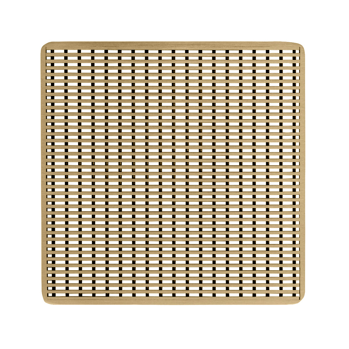 Satin bronze square drain cover with perforated grid pattern and rounded corners.