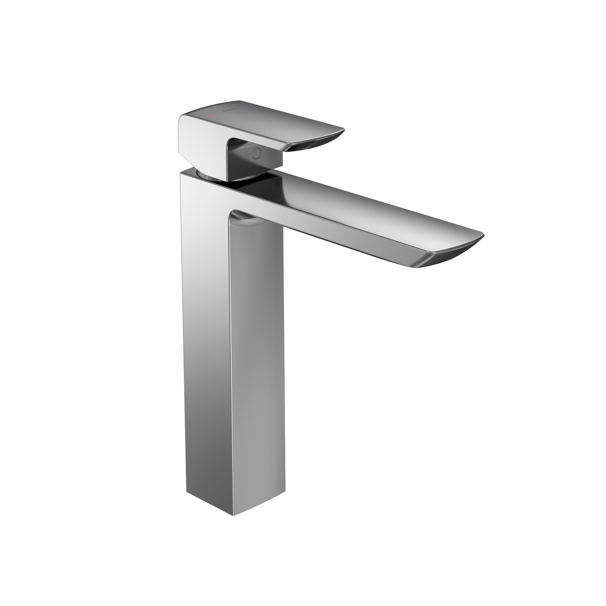 Polished chrome single-handle vessel sink faucet with tall rectangular spout and flat lever control.