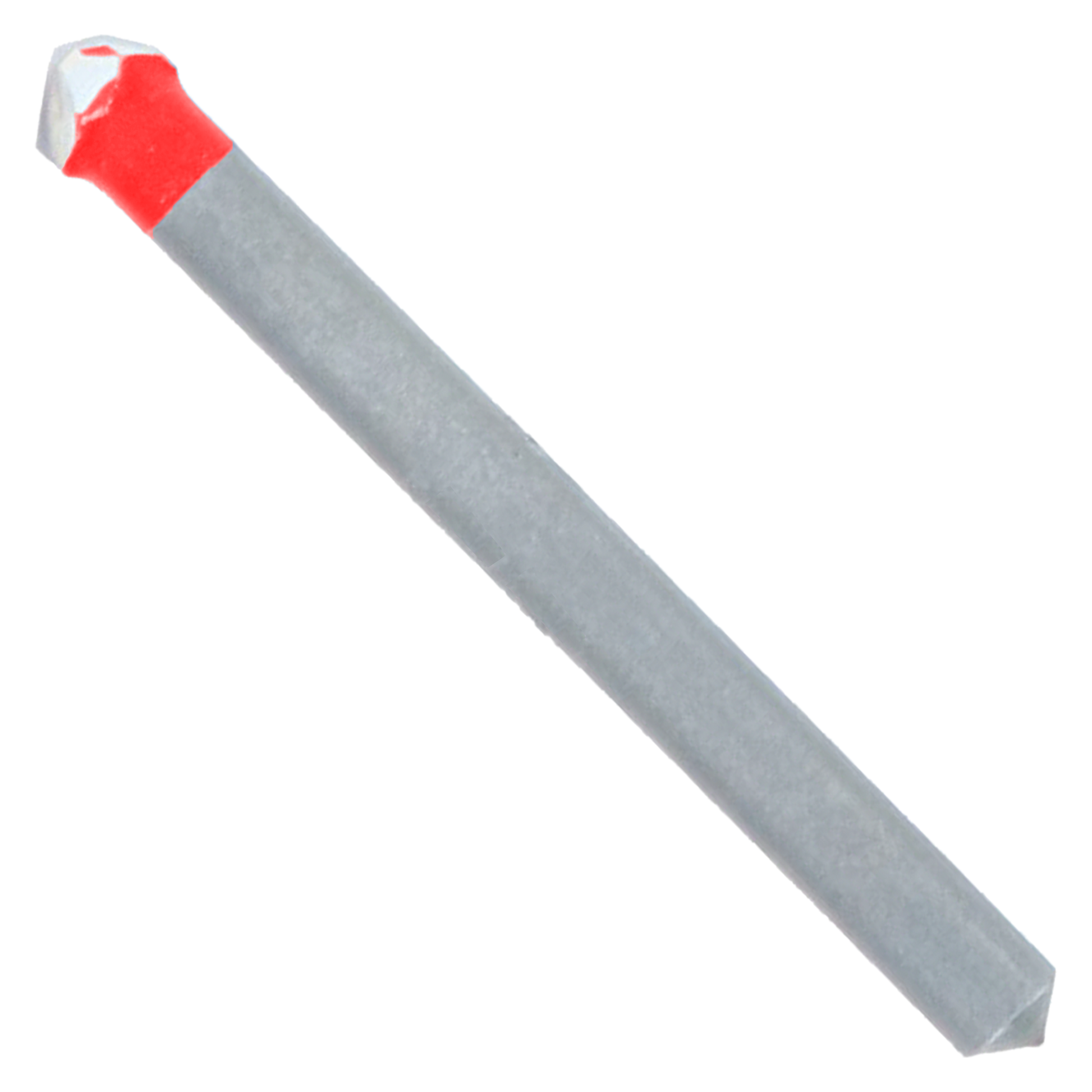 Quarter-inch carbide-tipped drill bit with gray shaft and red and white tip for tile and stone drilling.