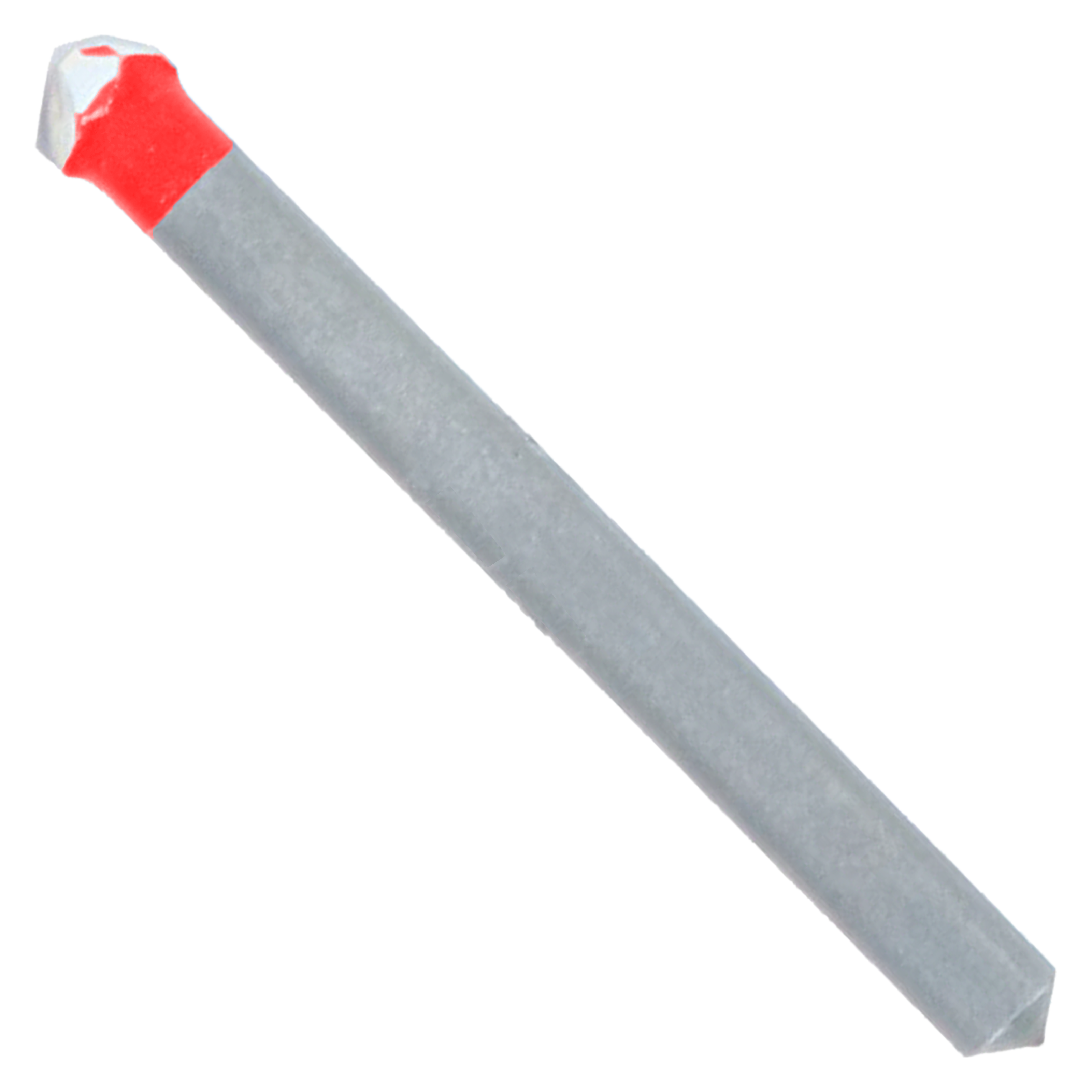 Quarter-inch carbide-tipped drill bit with gray shaft and red and white tip for tile and stone drilling.
