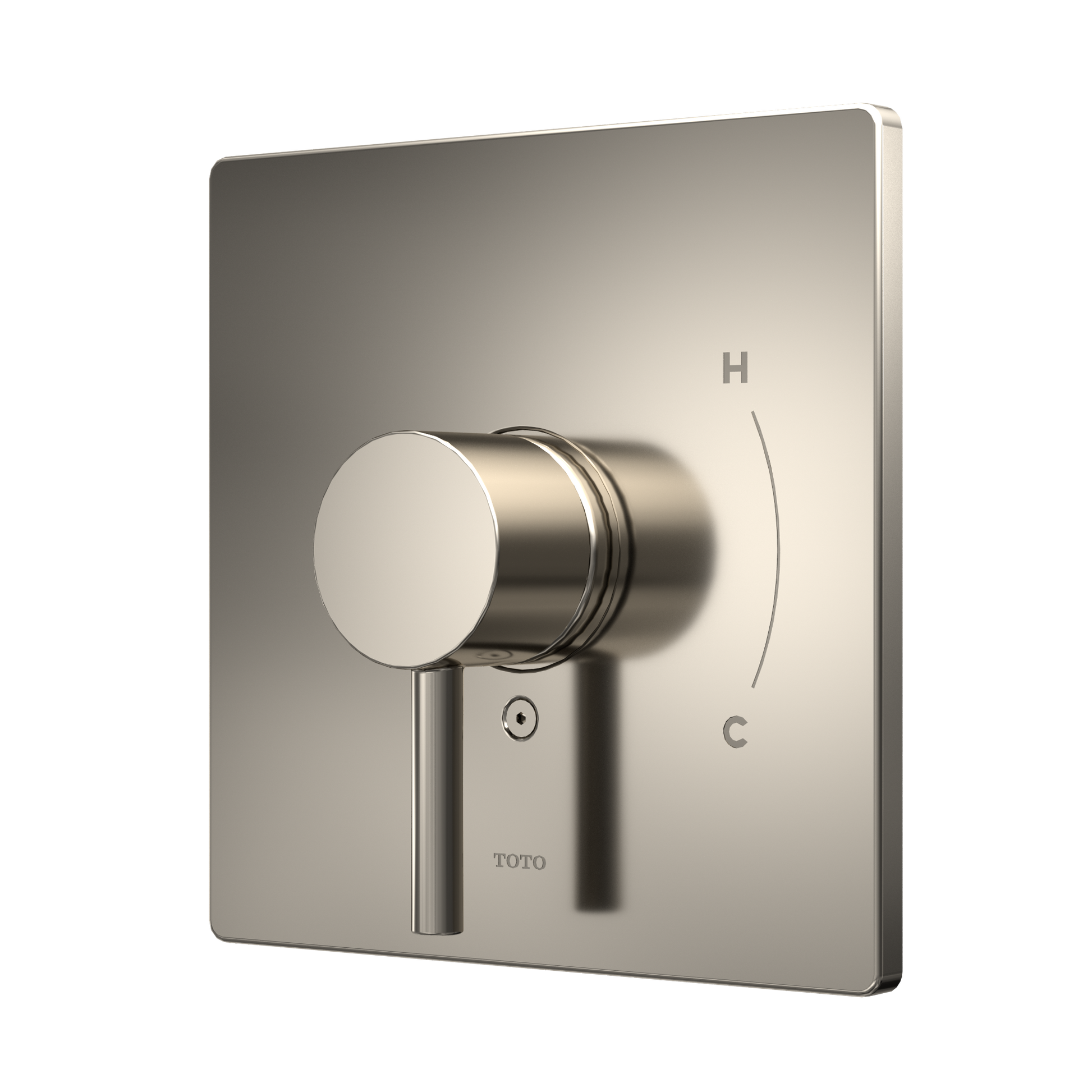 Polished nickel square shower valve trim with round handle and temperature control markings.