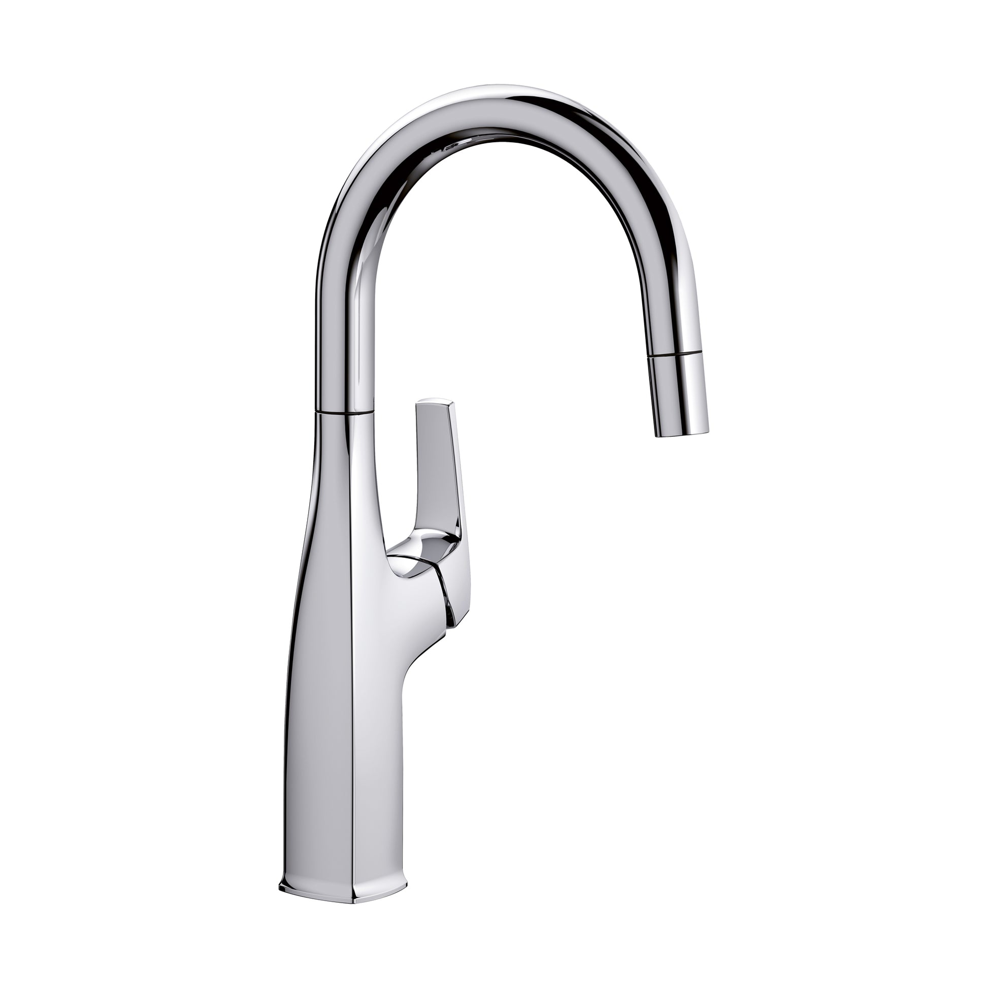 Chrome bar faucet with curved spout, single lever handle, and tapered base.