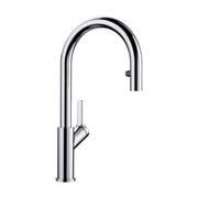 Chrome pull-down kitchen faucet with high arched spout and single lever handle.
