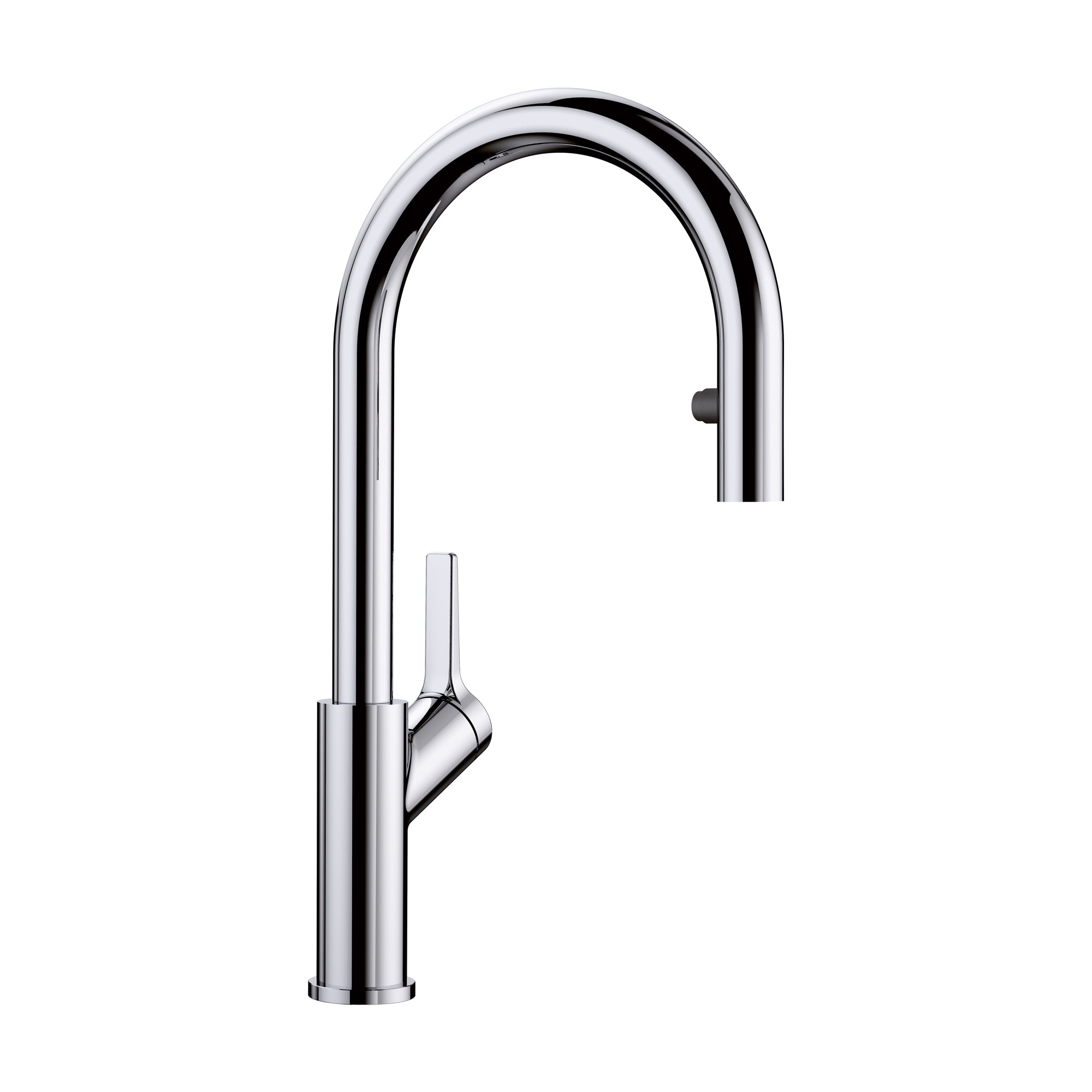 Chrome pull-down kitchen faucet with high arched spout and single lever handle.