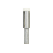 Flush trim solid surface bit with metal body, white bearing guide, and cylindrical cutting head.