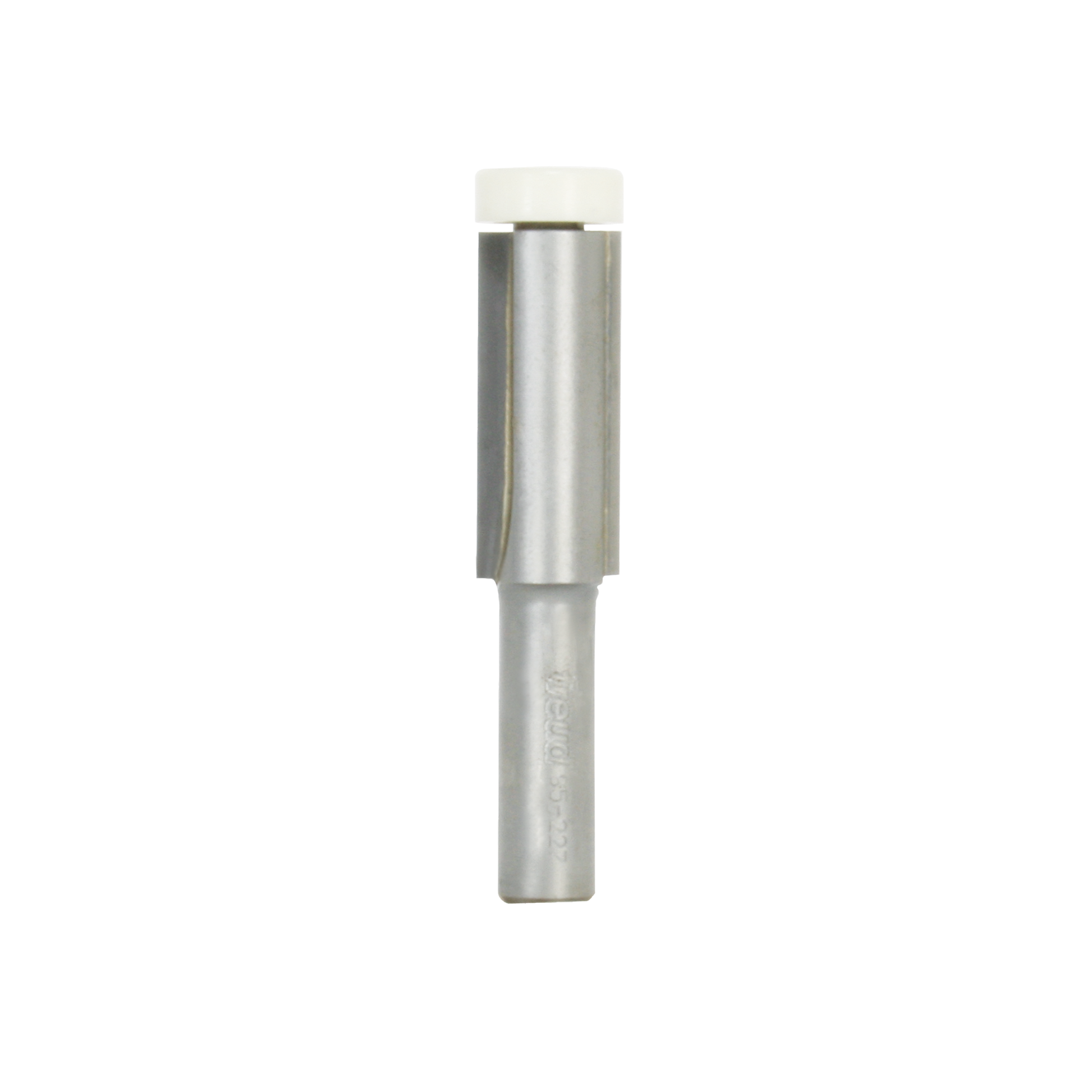 Flush trim solid surface bit with metal body, white bearing guide, and cylindrical cutting head.