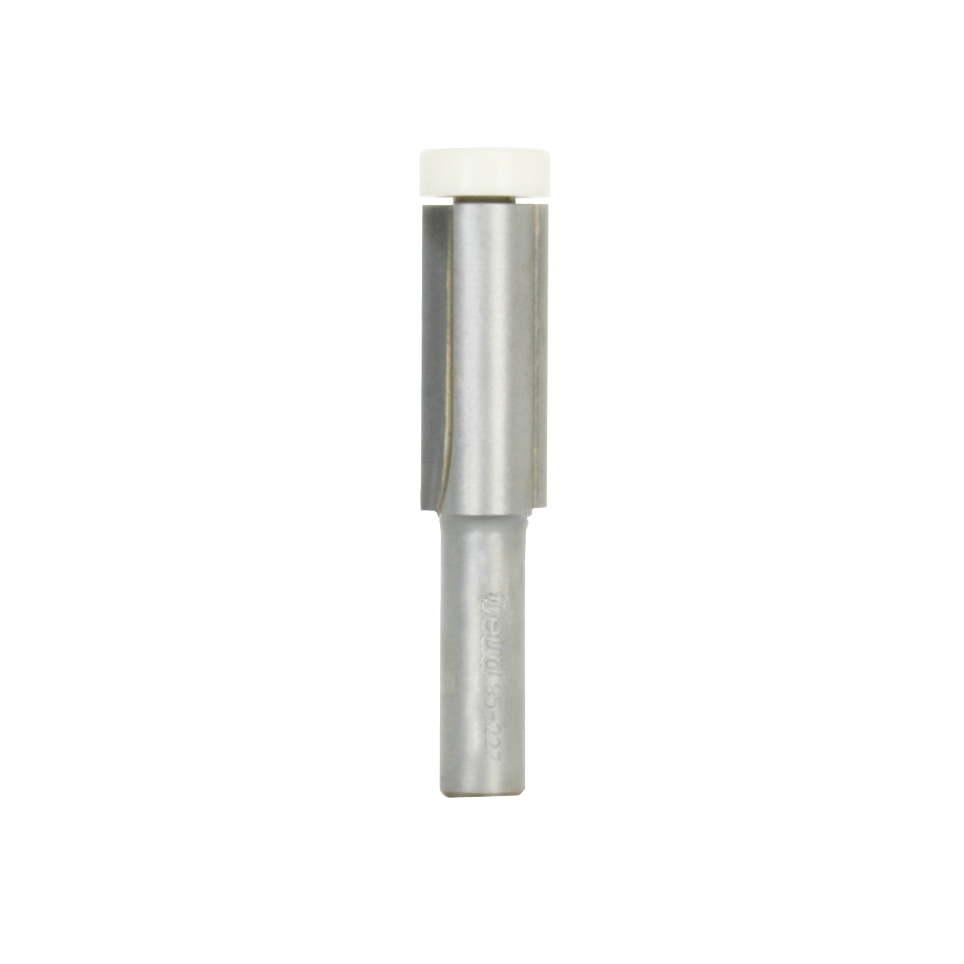 Flush trim solid surface bit with metal body, white bearing guide, and cylindrical cutting head.