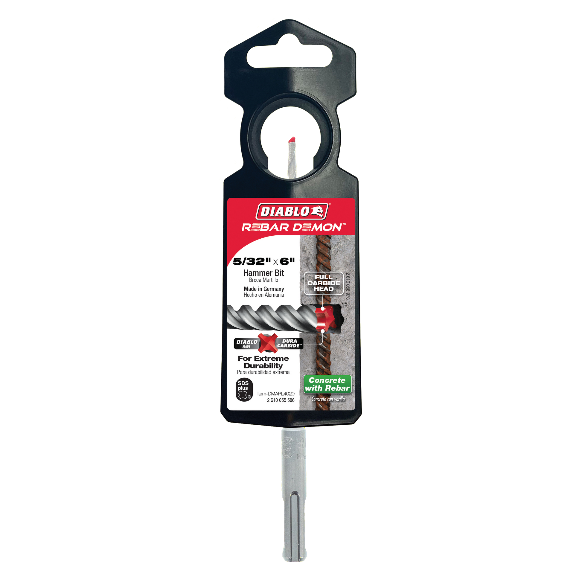 Diablo Rebar Demon 5/32 in. SDS-Plus hammer drill bit with carbide head and packaging visible.