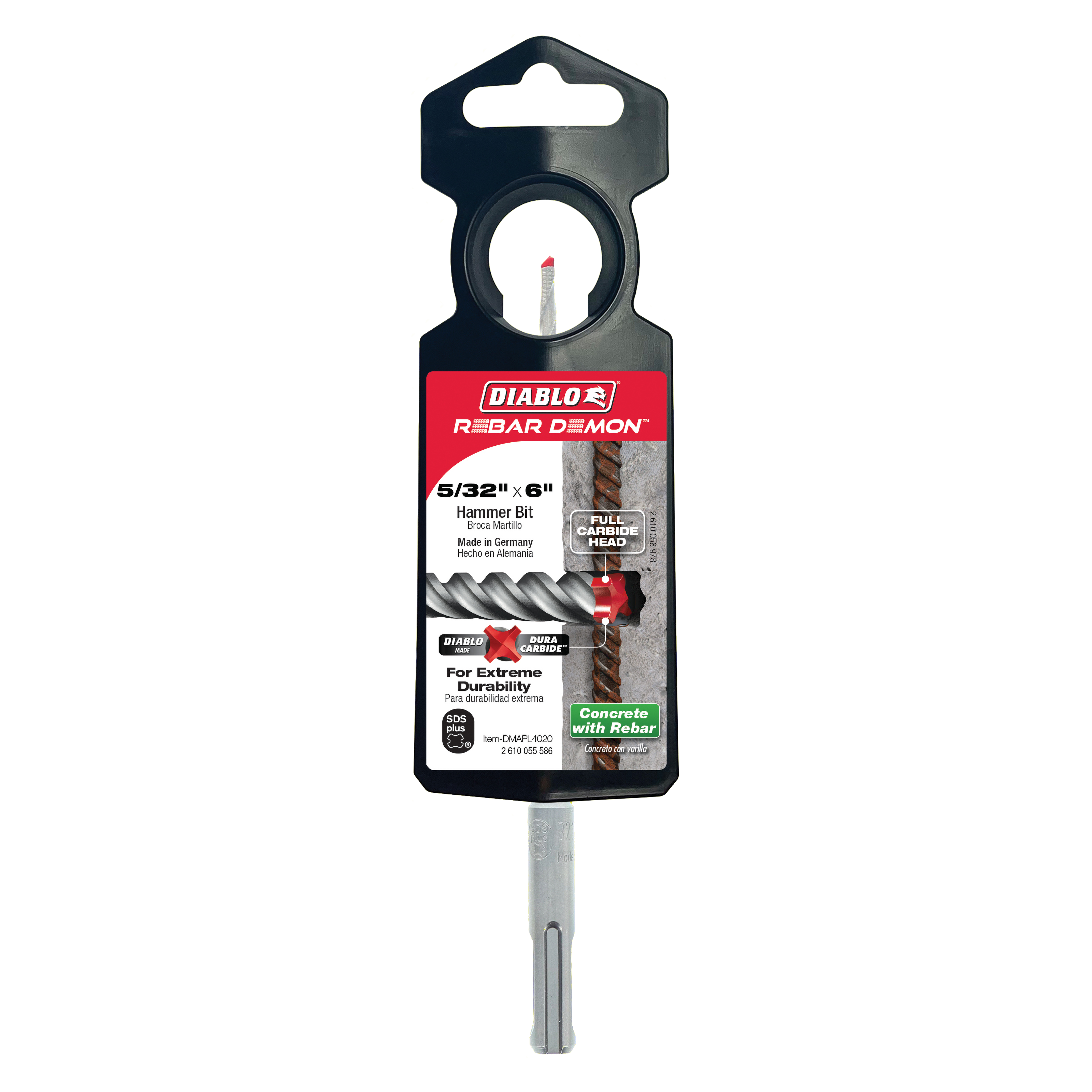 Diablo Rebar Demon 5/32 in. SDS-Plus hammer drill bit with carbide head and packaging visible.