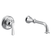 Chrome single-handle wall-mounted tub filler with lever control and curved spout.