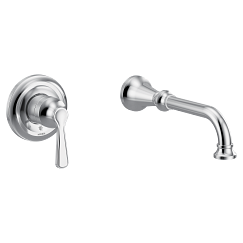 Chrome single-handle wall-mounted tub filler with lever control and curved spout.
