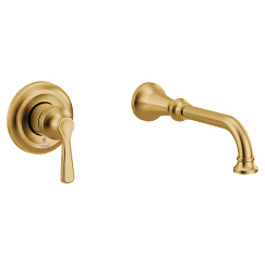 Brushed gold wall-mount tub filler with single handle and curved spout.