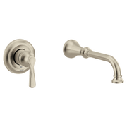Brushed nickel wall-mount tub filler with single lever handle and curved spout.