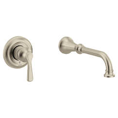 Brushed nickel wall-mount tub filler with single lever handle and curved spout.