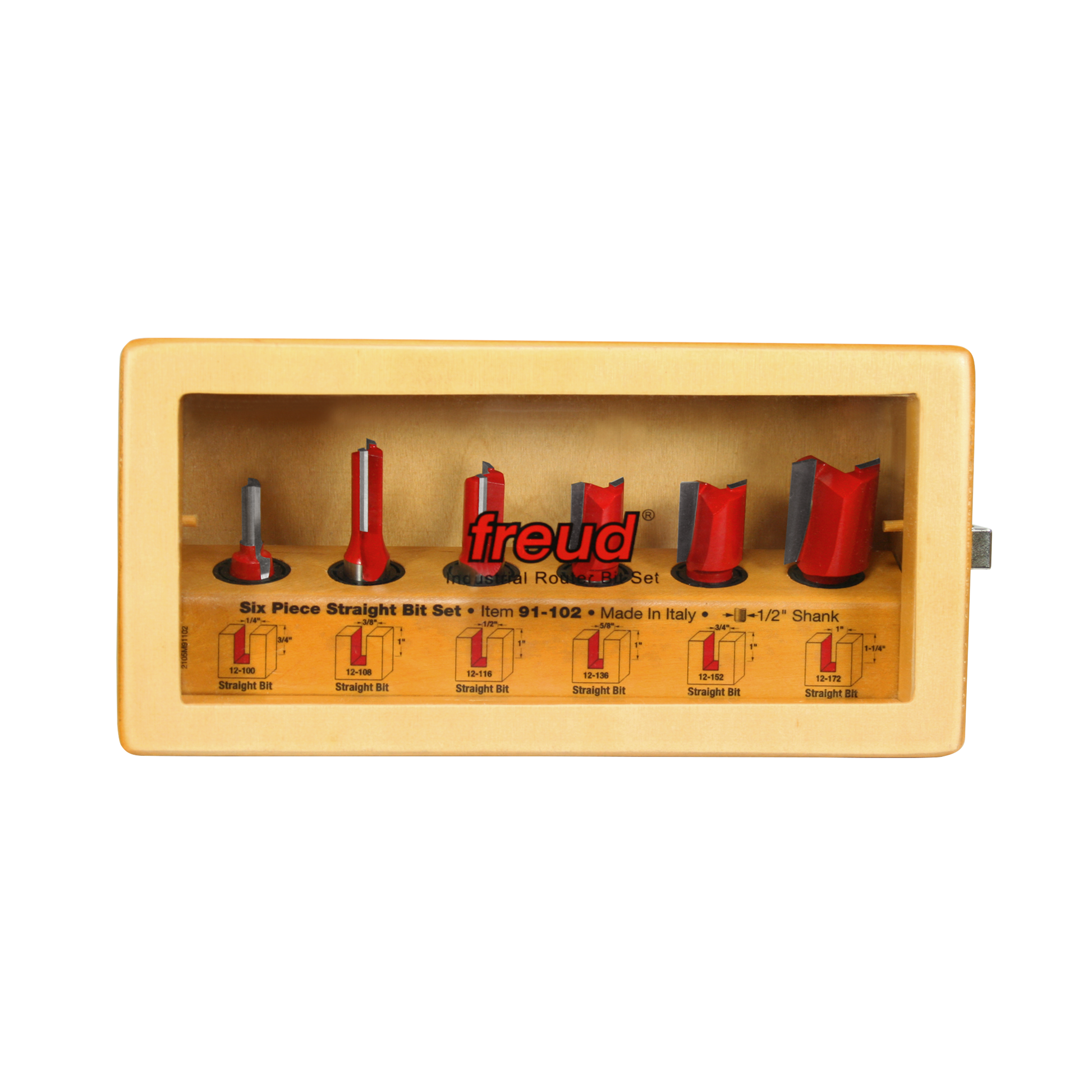 Six router bits with red and gray cutting edges in tan storage case with labeled compartments.