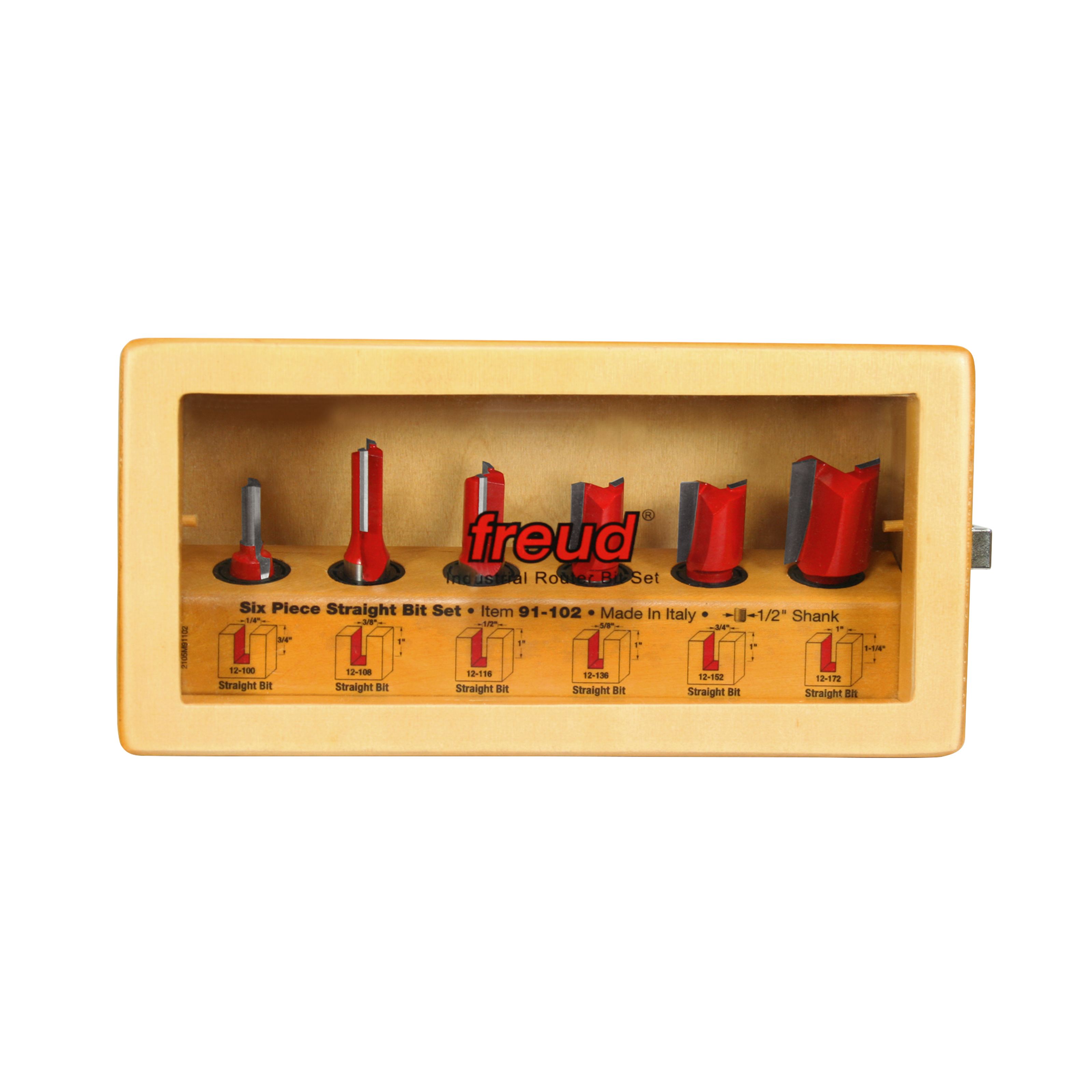 Six router bits with red and gray cutting edges in tan storage case with labeled compartments.