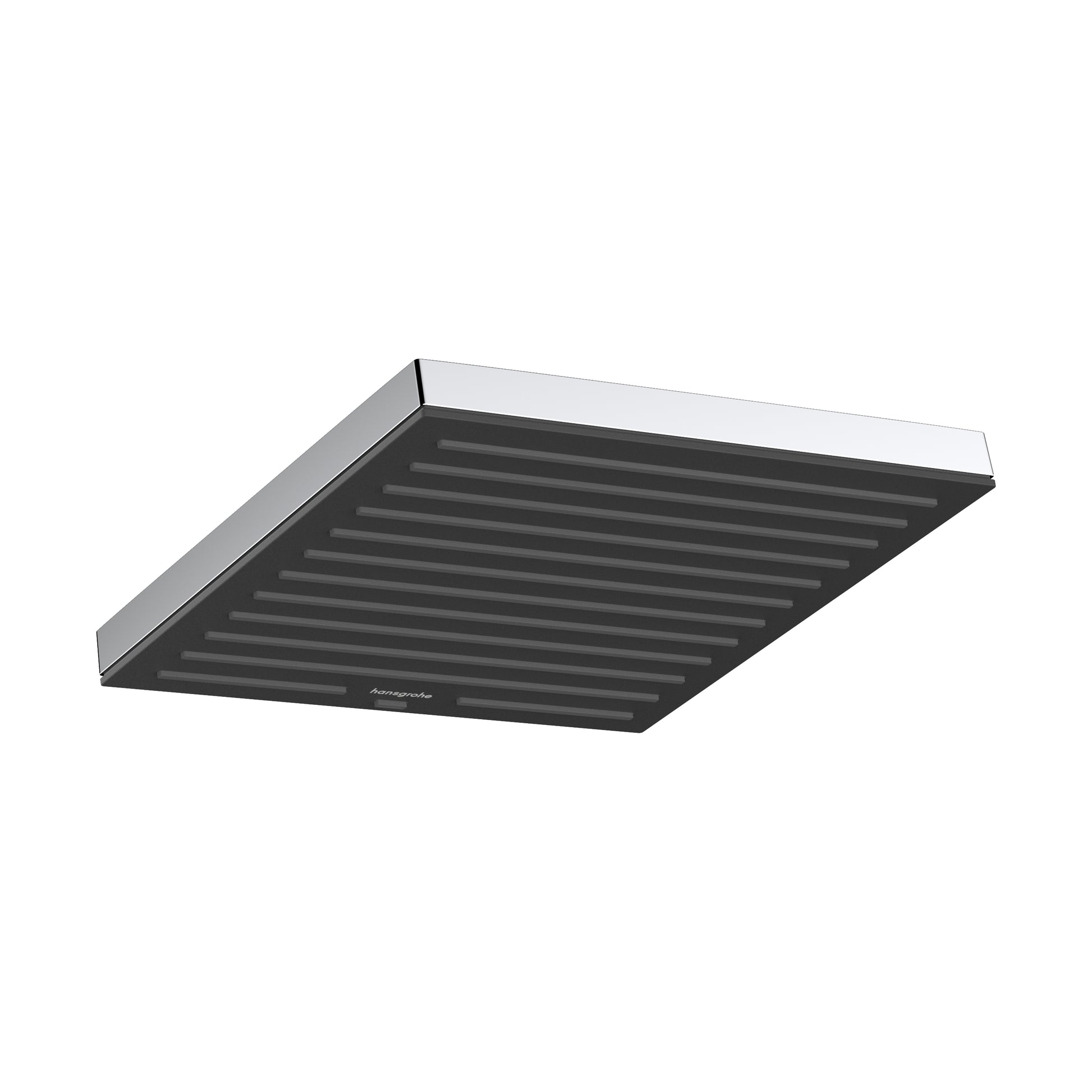 Square chrome shower head with horizontal slot pattern and black interior face.