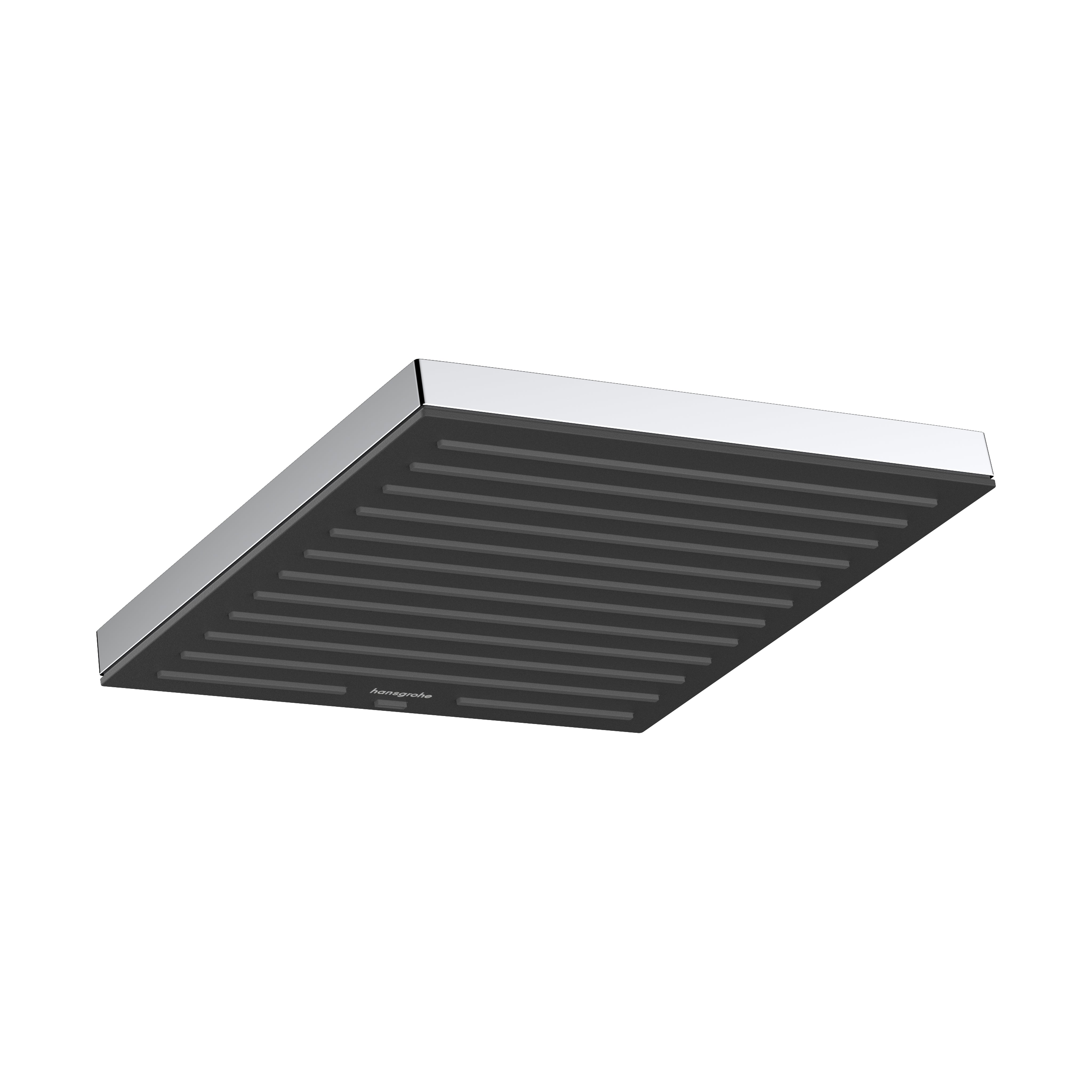 Square chrome shower head with horizontal slot pattern and black interior face.