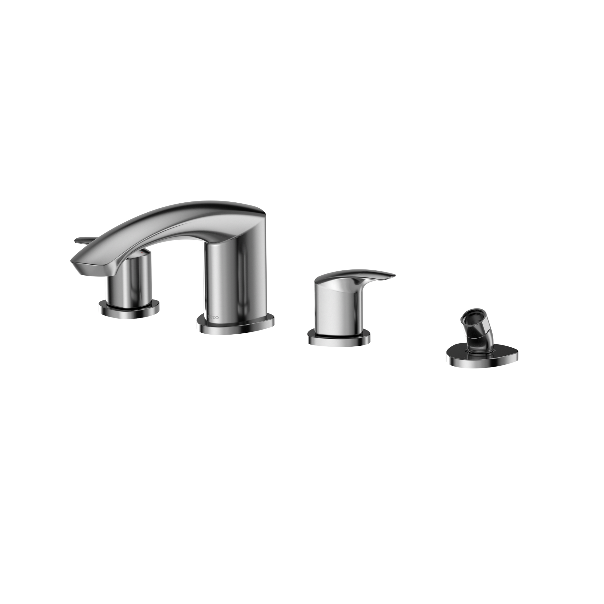 Polished chrome two-handle roman tub filler with curved spout, center mixer, and detachable handshower.