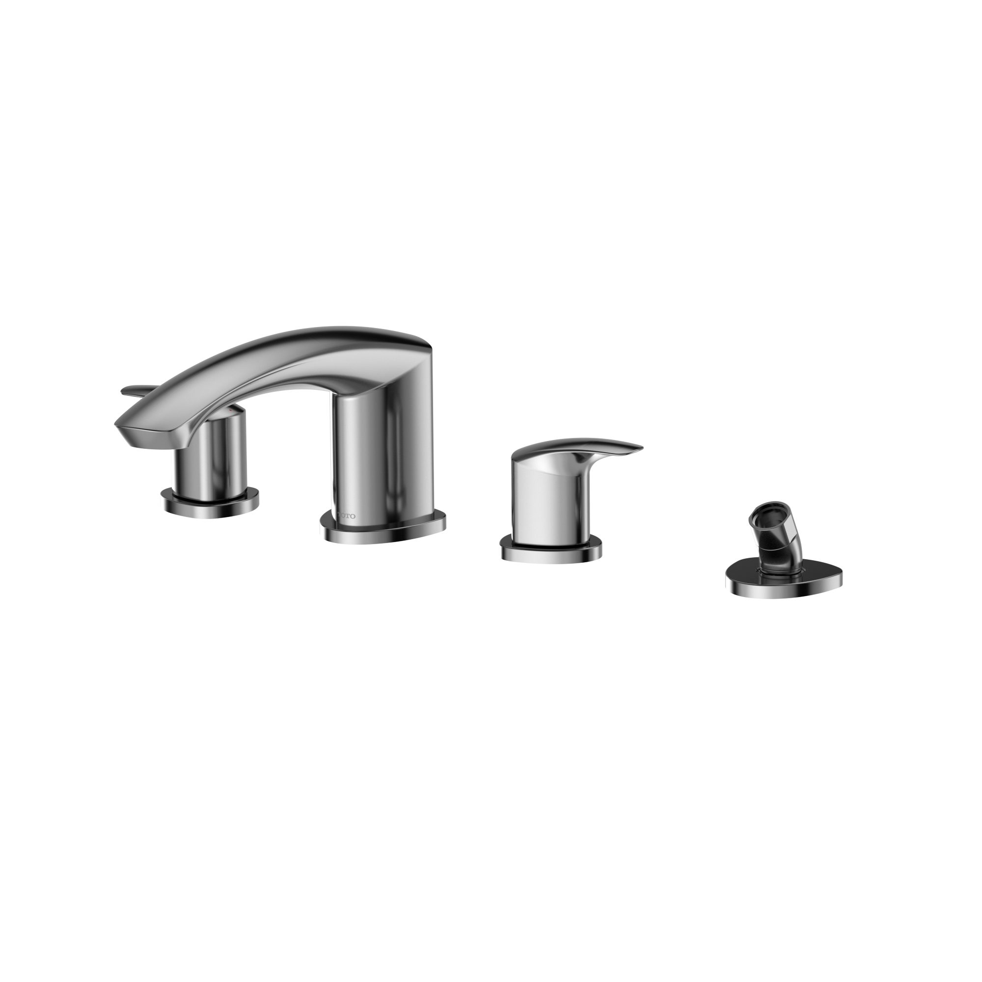 Polished chrome two-handle roman tub filler with curved spout, center mixer, and detachable handshower.