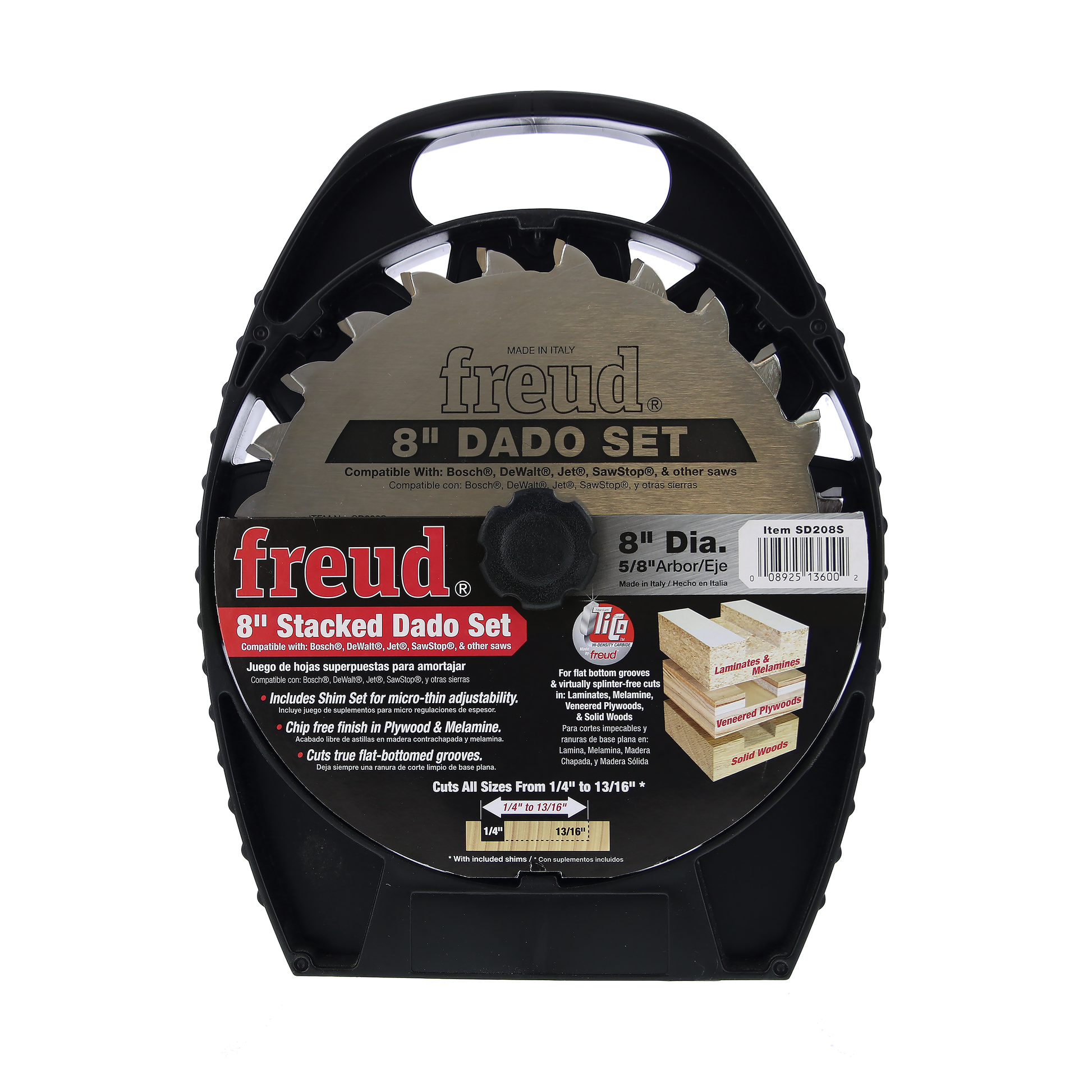 Freud 8" dado blade set with stacked teeth in black carrying case, labeled SD208S.