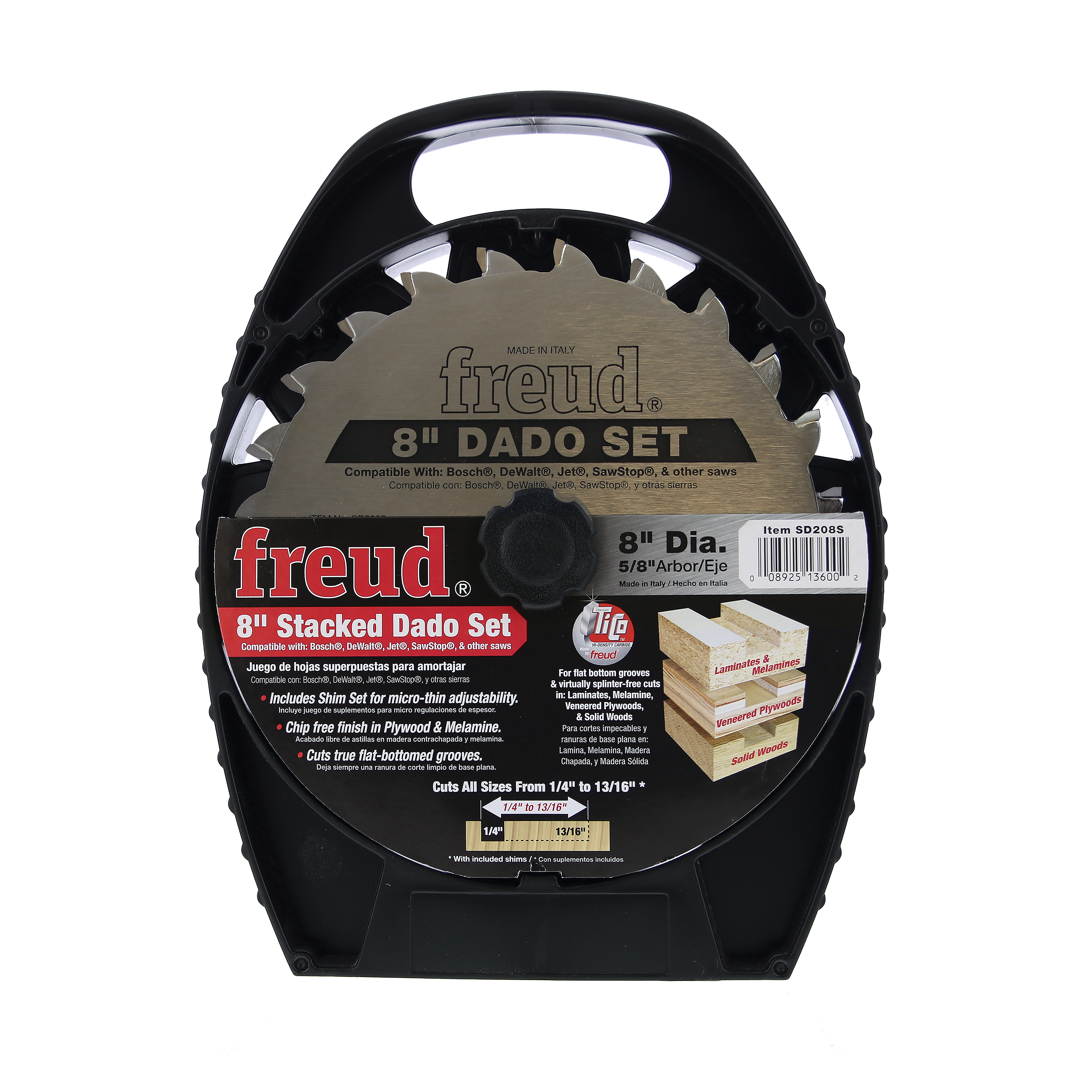 Freud 8" dado blade set with stacked teeth in black carrying case, labeled SD208S.
