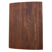 Brown wood cutting board with rounded corners and vertical grain pattern.