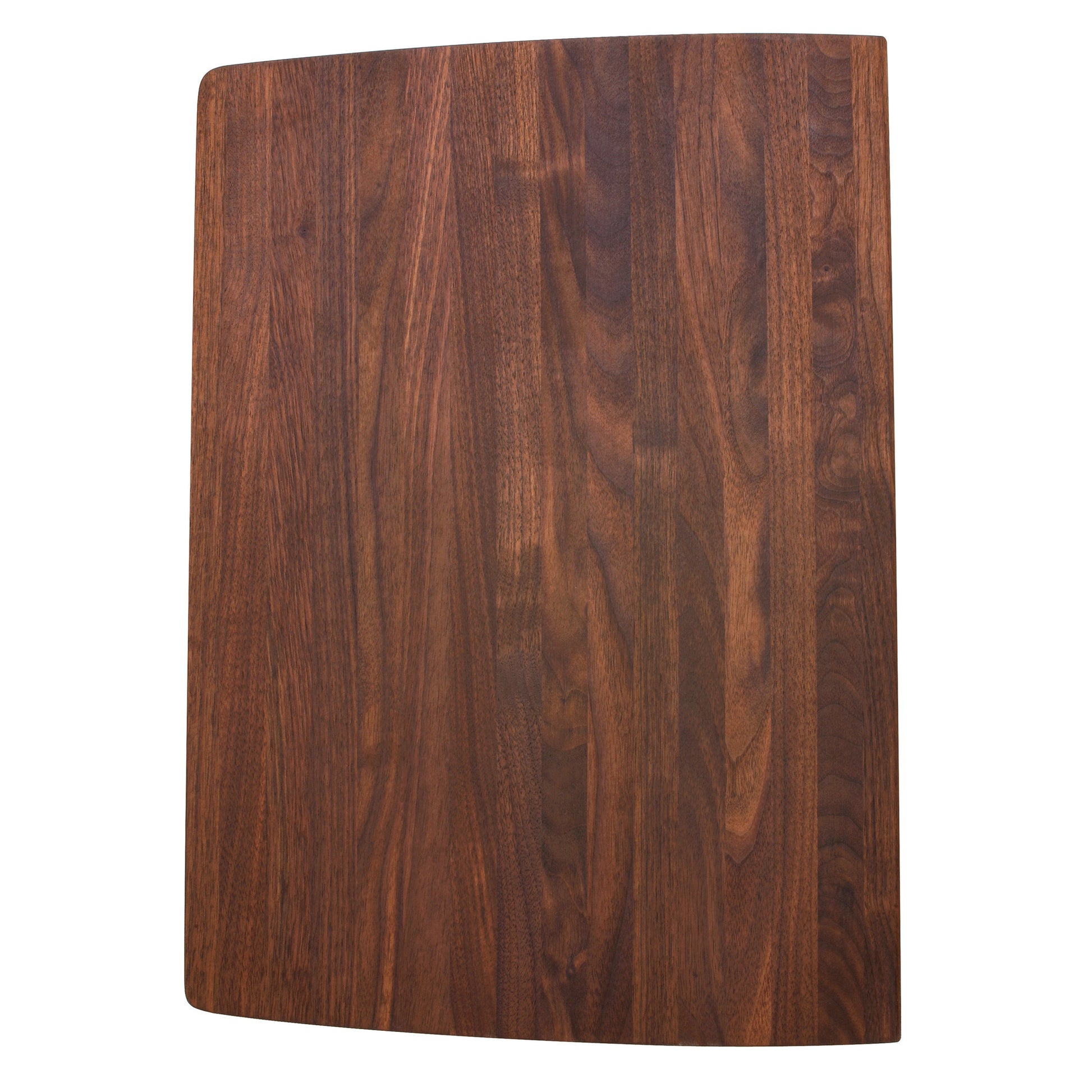 Brown wood cutting board with rounded corners and vertical grain pattern.