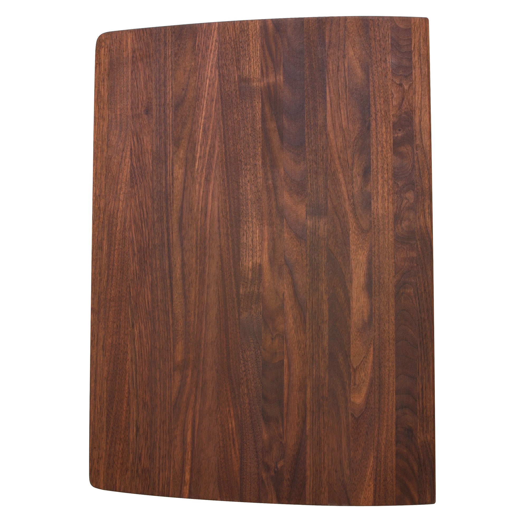 Brown wood cutting board with rounded corners and vertical grain pattern.