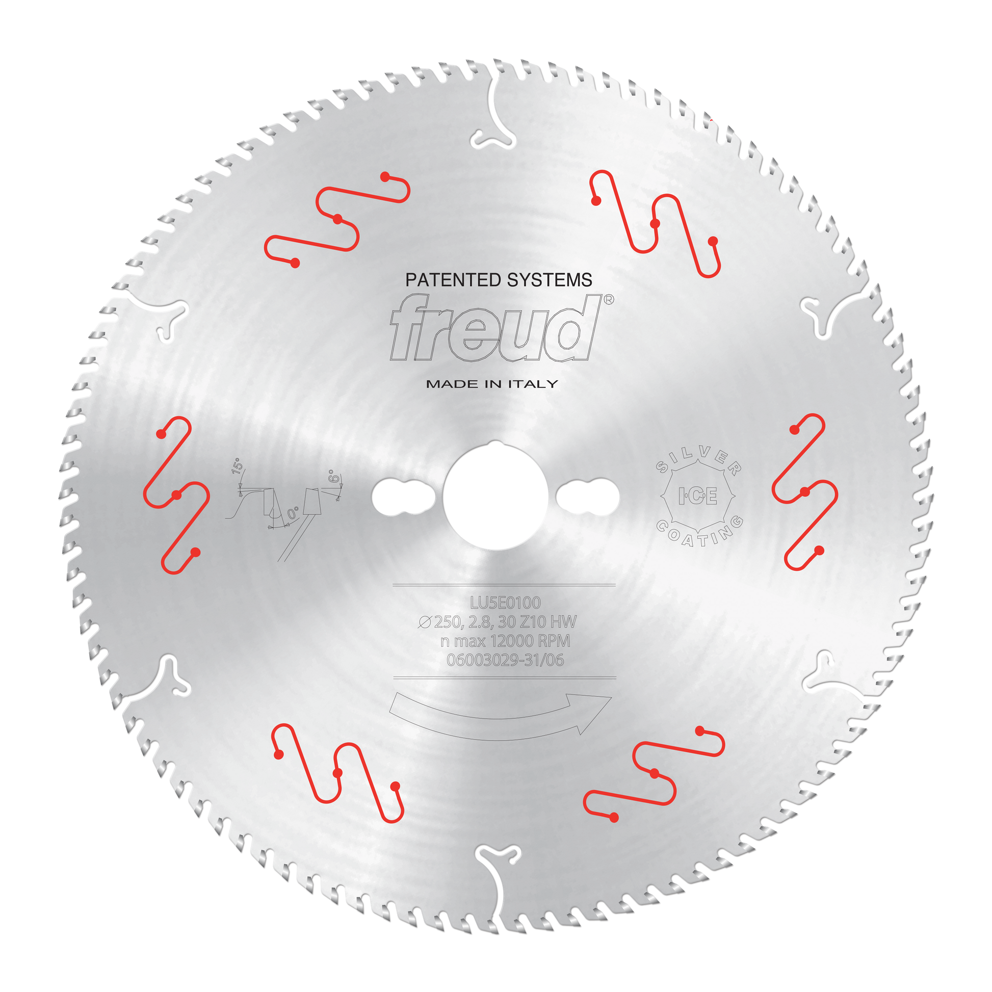 Circular saw blade with fine teeth, central arbor hole, red and white mechanical clamping indicators, and Freud branding.