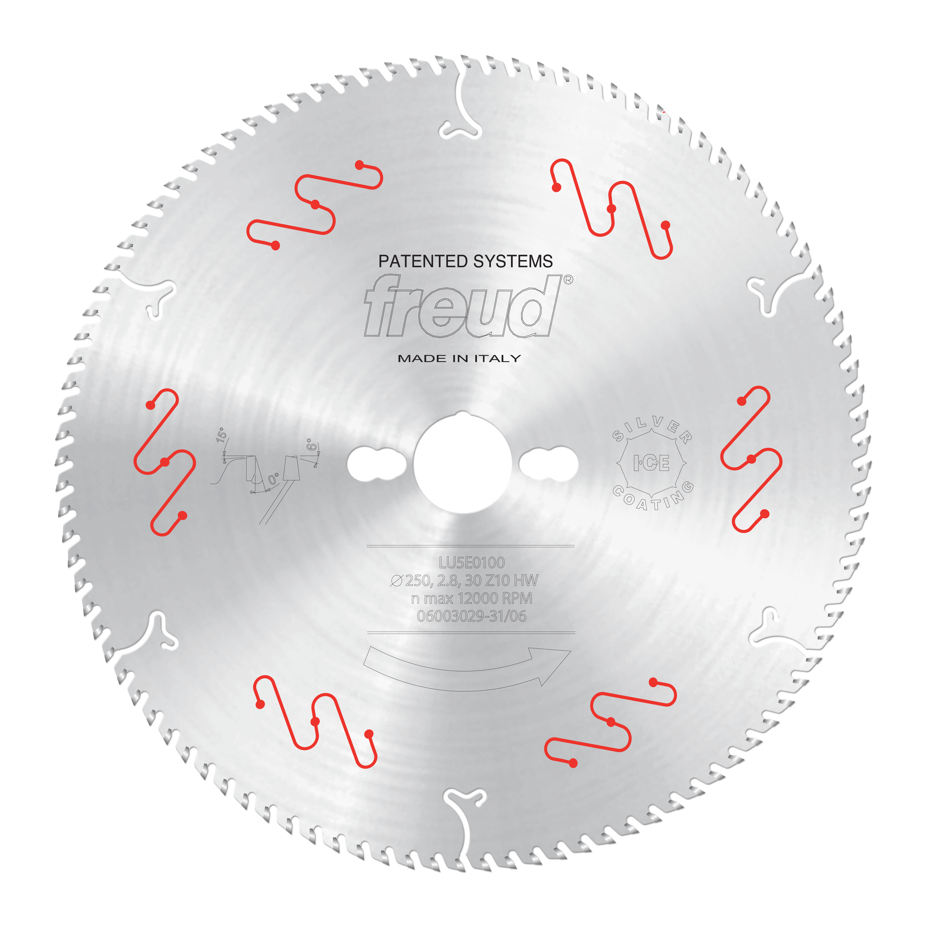 Circular saw blade with fine teeth, central arbor hole, red and white mechanical clamping indicators, and Freud branding.