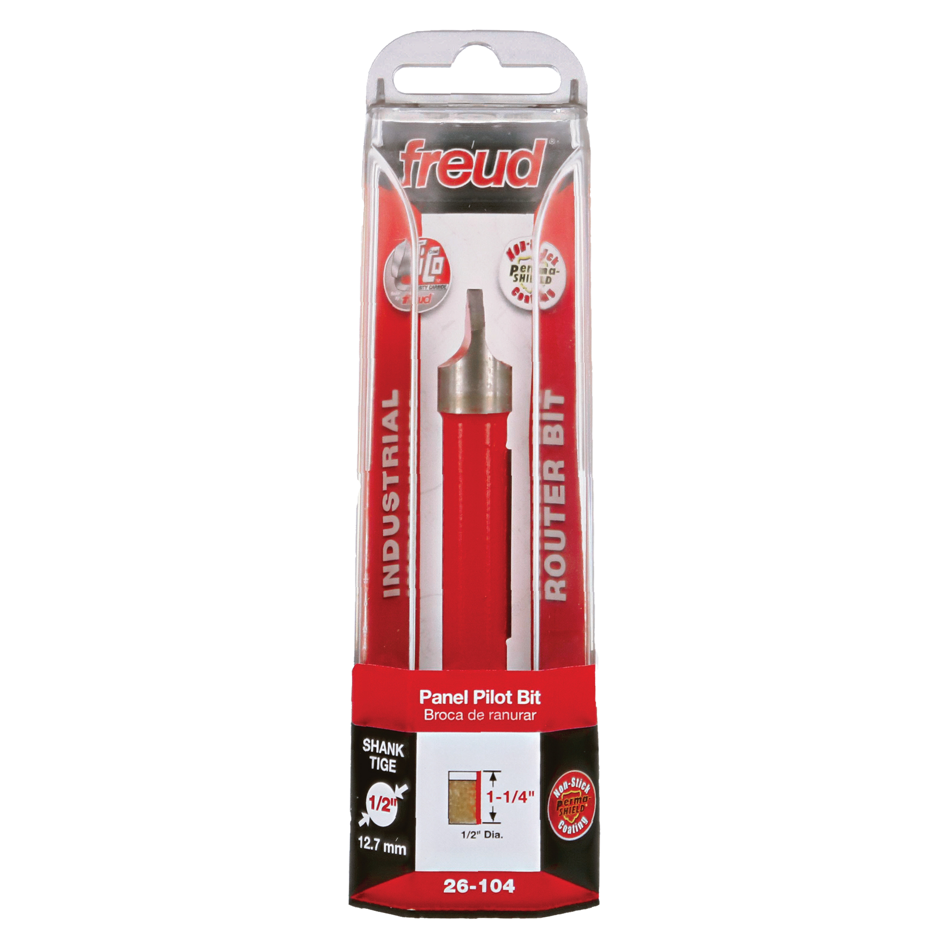 Freud 1/2" diameter panel pilot bit with red handle and metal tip in clear plastic packaging.