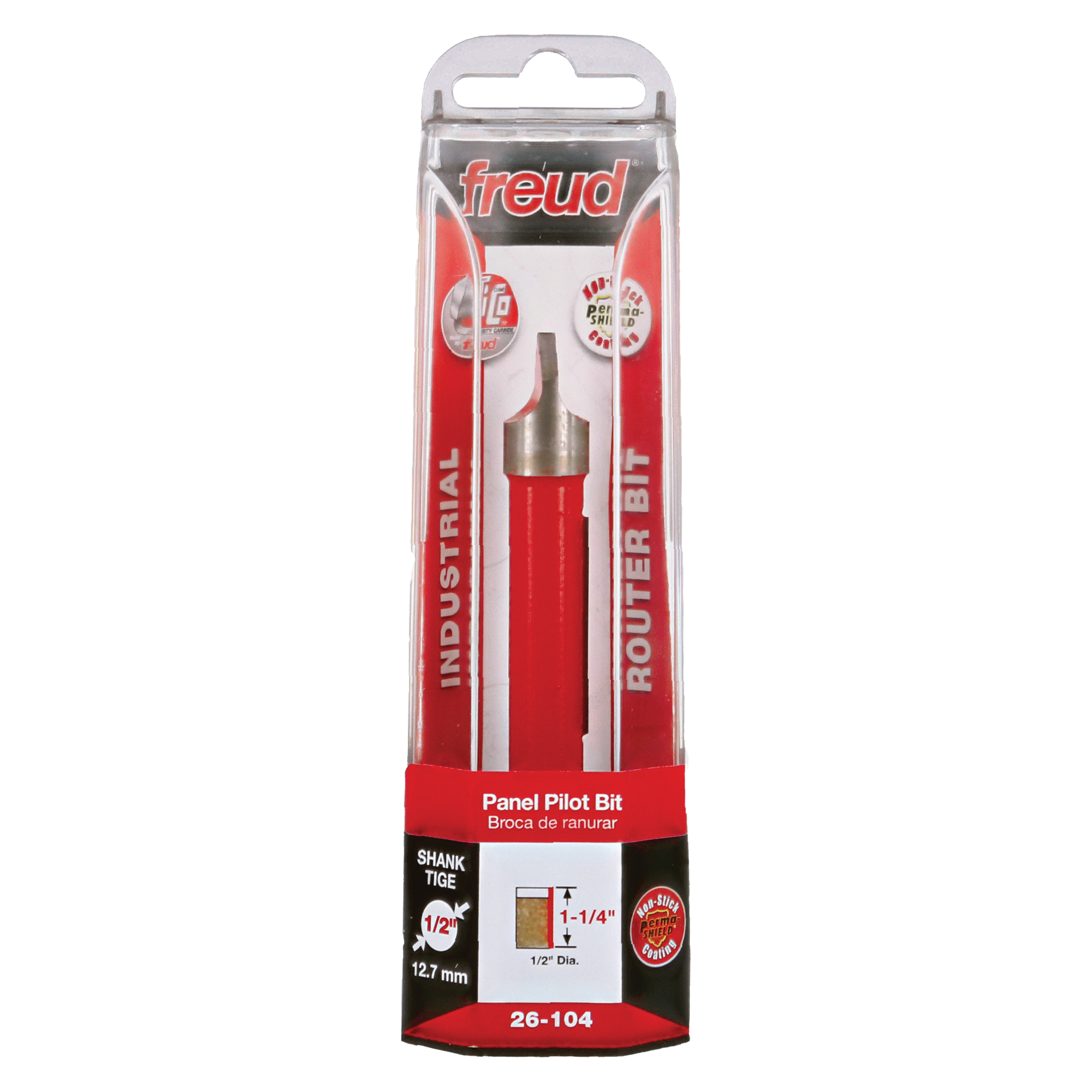 Freud 1/2" diameter panel pilot bit with red handle and metal tip in clear plastic packaging.