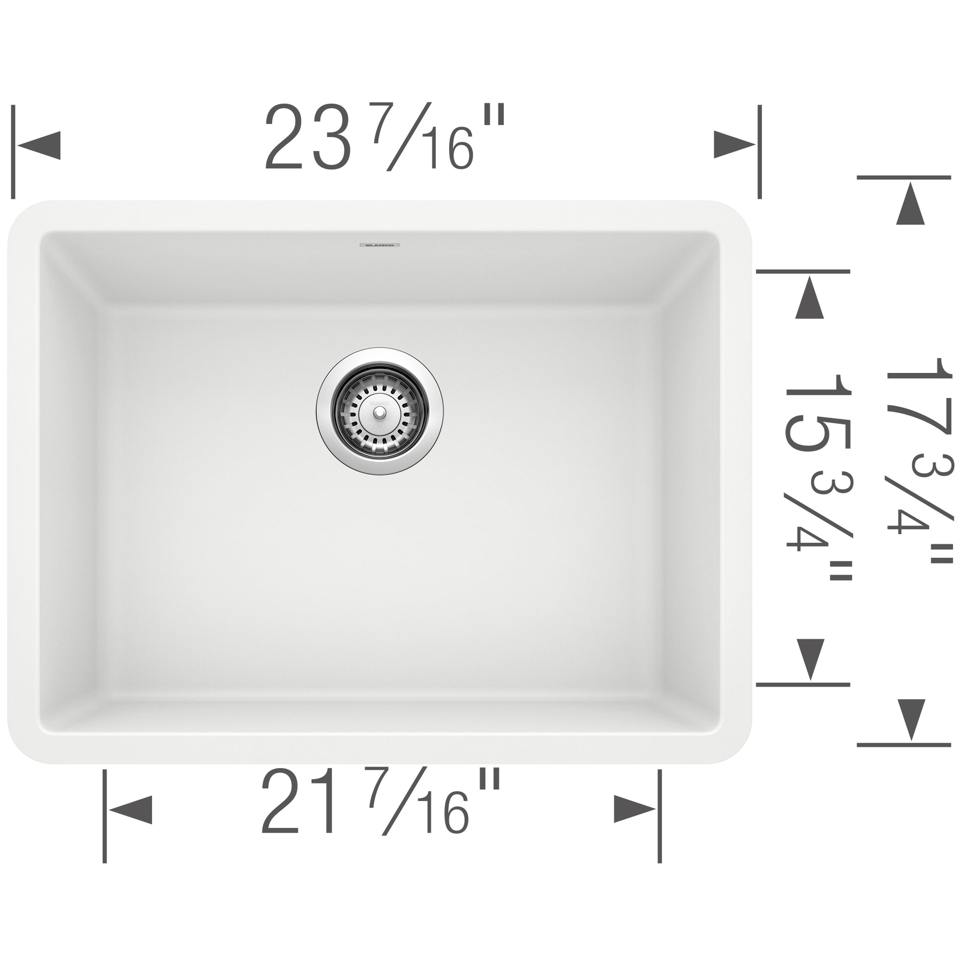 White single bowl undermount kitchen sink with strainer, 23 7/16" wide by 17 3/4" deep.