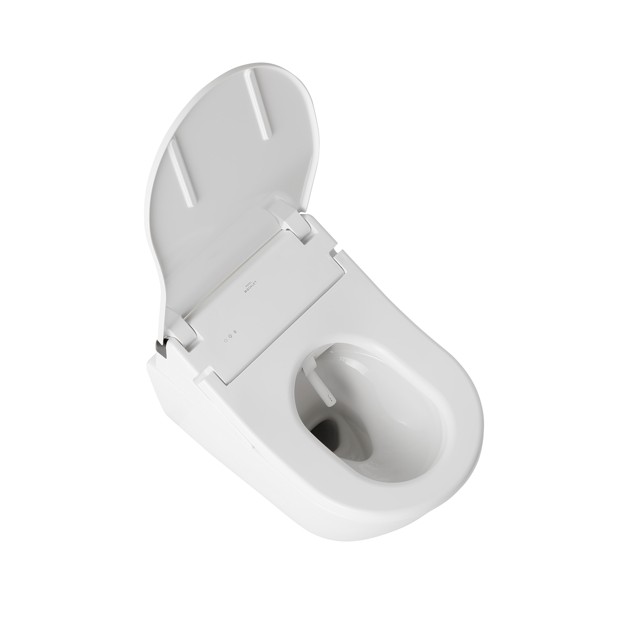 White electronic bidet toilet seat with D-shaped open lid, control panel on side, and integrated bowl.