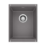 Dark gray single basin undermount sink with integrated drain strainer, viewed from above.