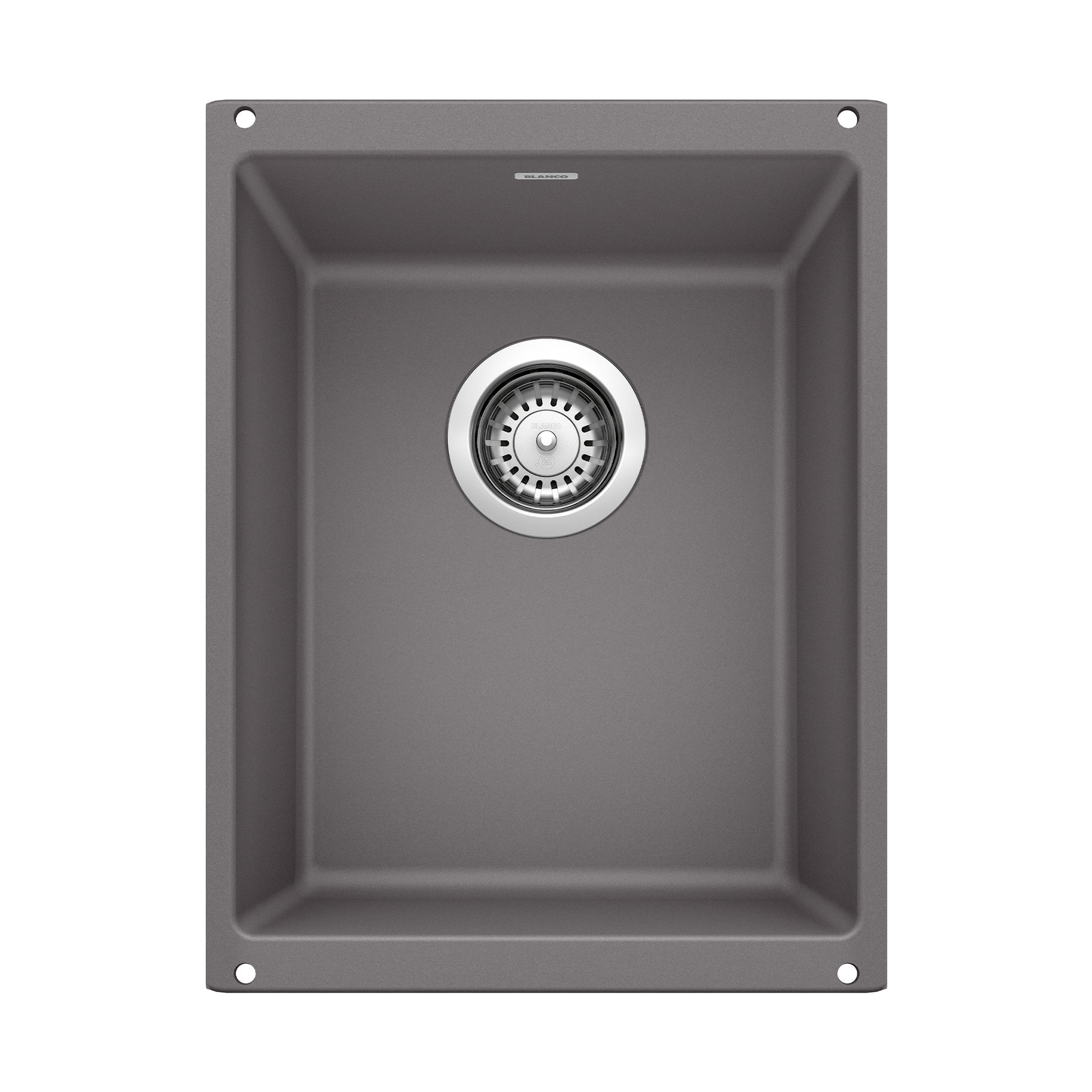 Dark gray single basin undermount sink with integrated drain strainer, viewed from above.