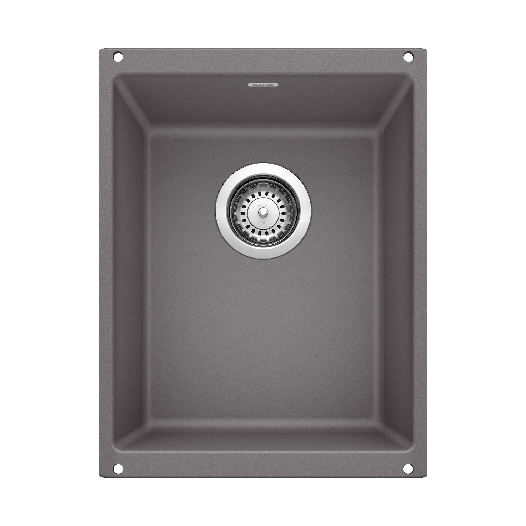 Dark gray single basin undermount sink with integrated drain strainer, viewed from above.