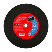 Black circular metal cut-off disc with red Diablo label showing 12 inch diameter and 20mm arbor specifications.