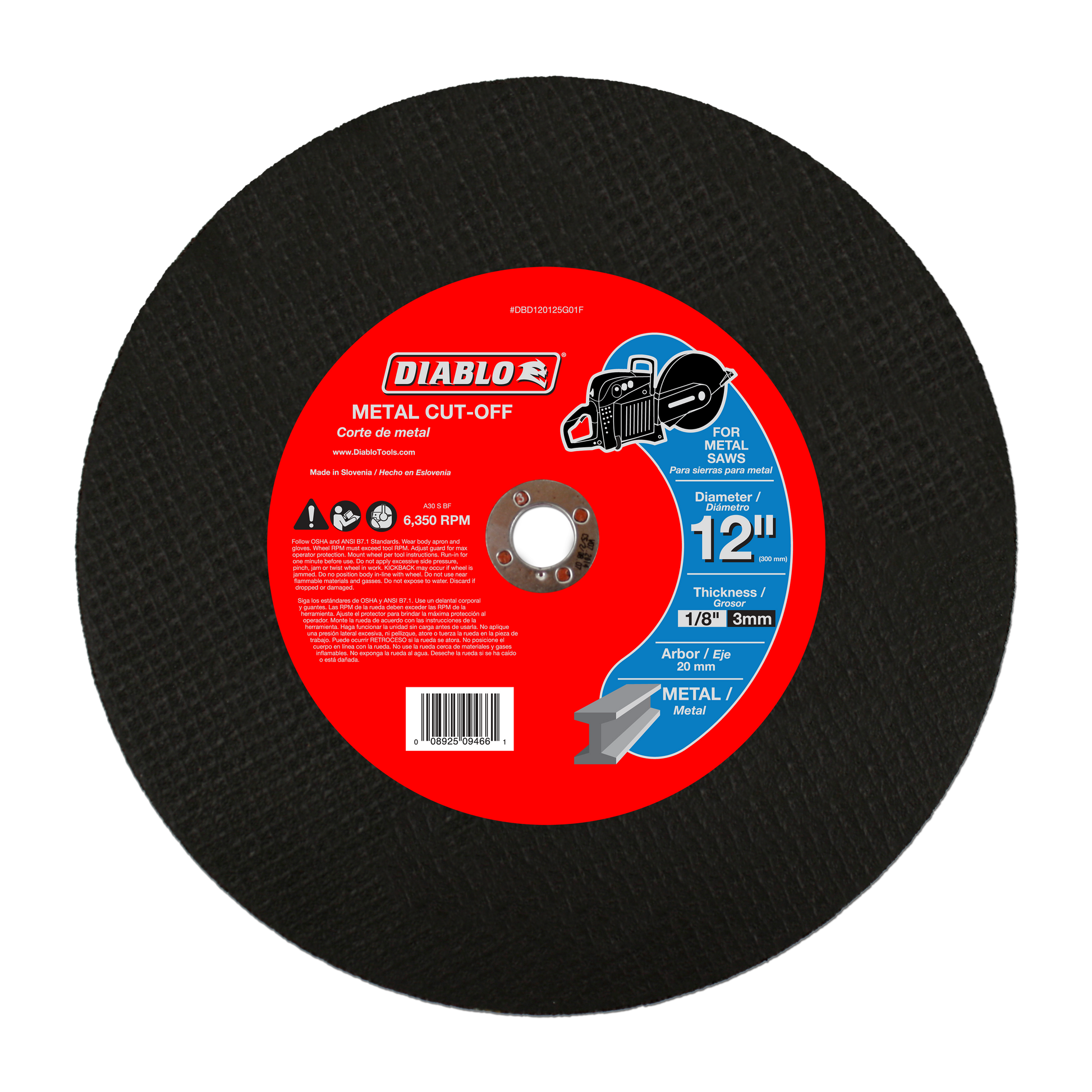 Black circular metal cut-off disc with red Diablo label showing 12 inch diameter and 20mm arbor specifications.