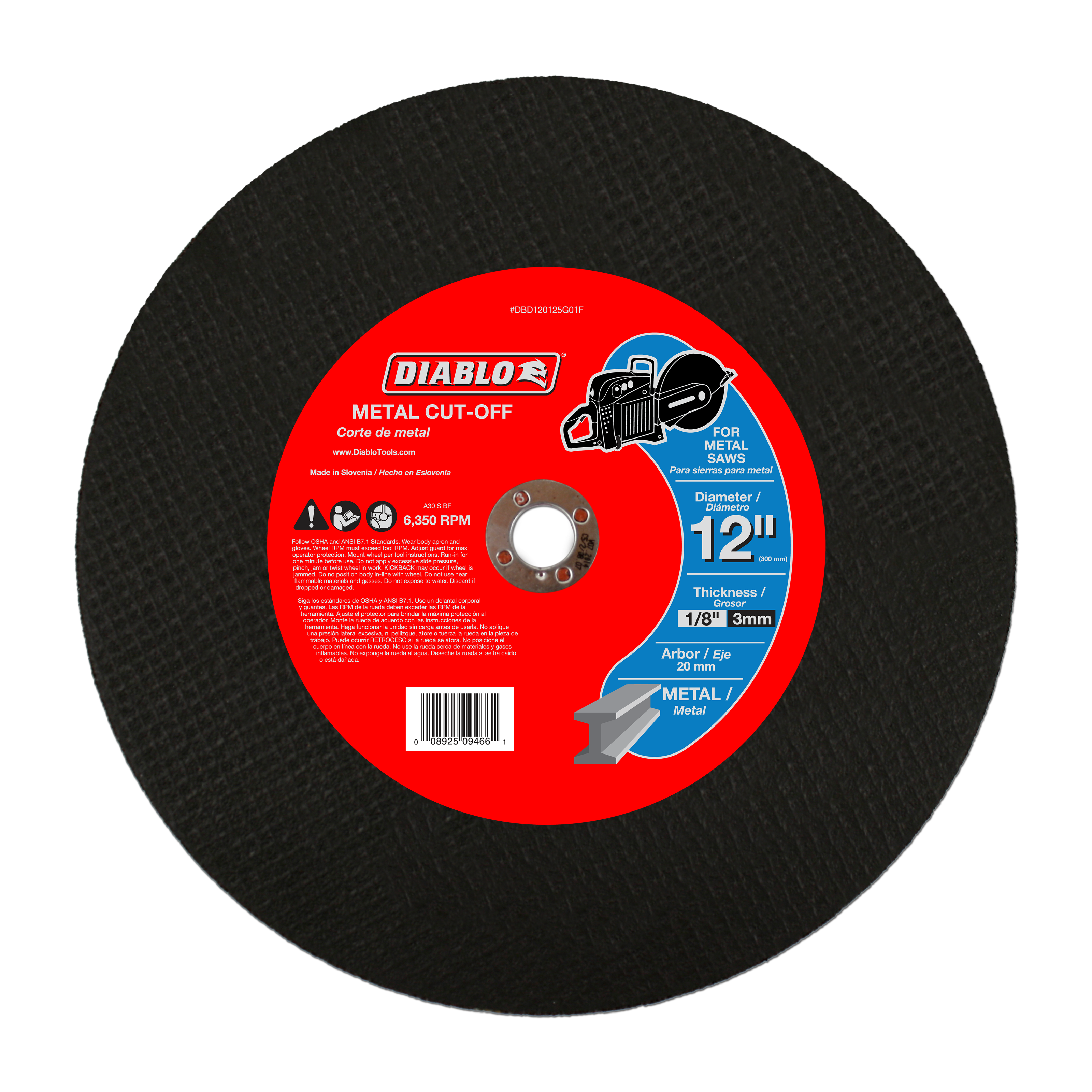 Black circular metal cut-off disc with red Diablo label showing 12 inch diameter and 20mm arbor specifications.