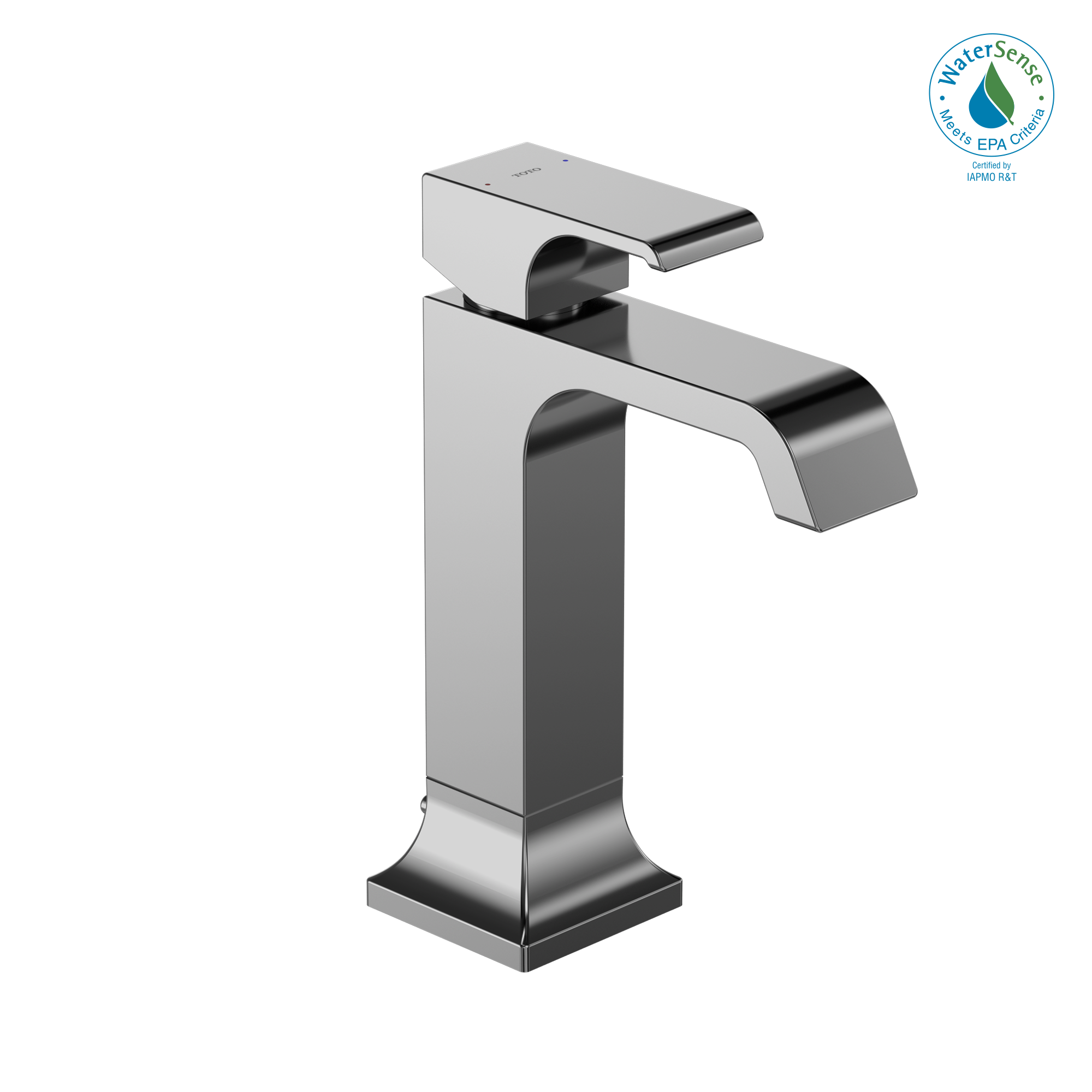 Polished chrome single-handle bathroom faucet with curved spout and rectangular base.