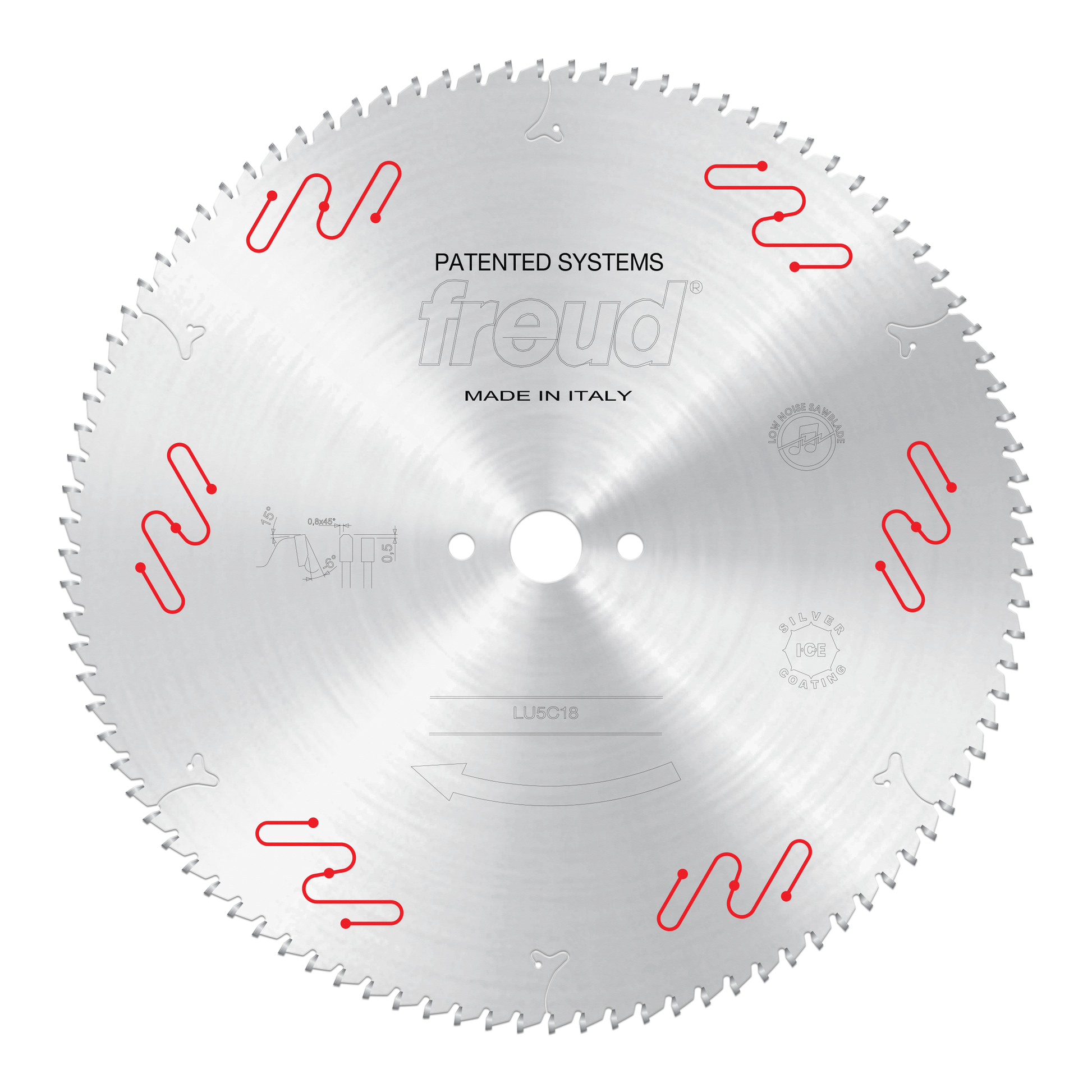 Freud LU5C18 400mm circular saw blade with fine teeth and red clamping system markings, made in Italy.