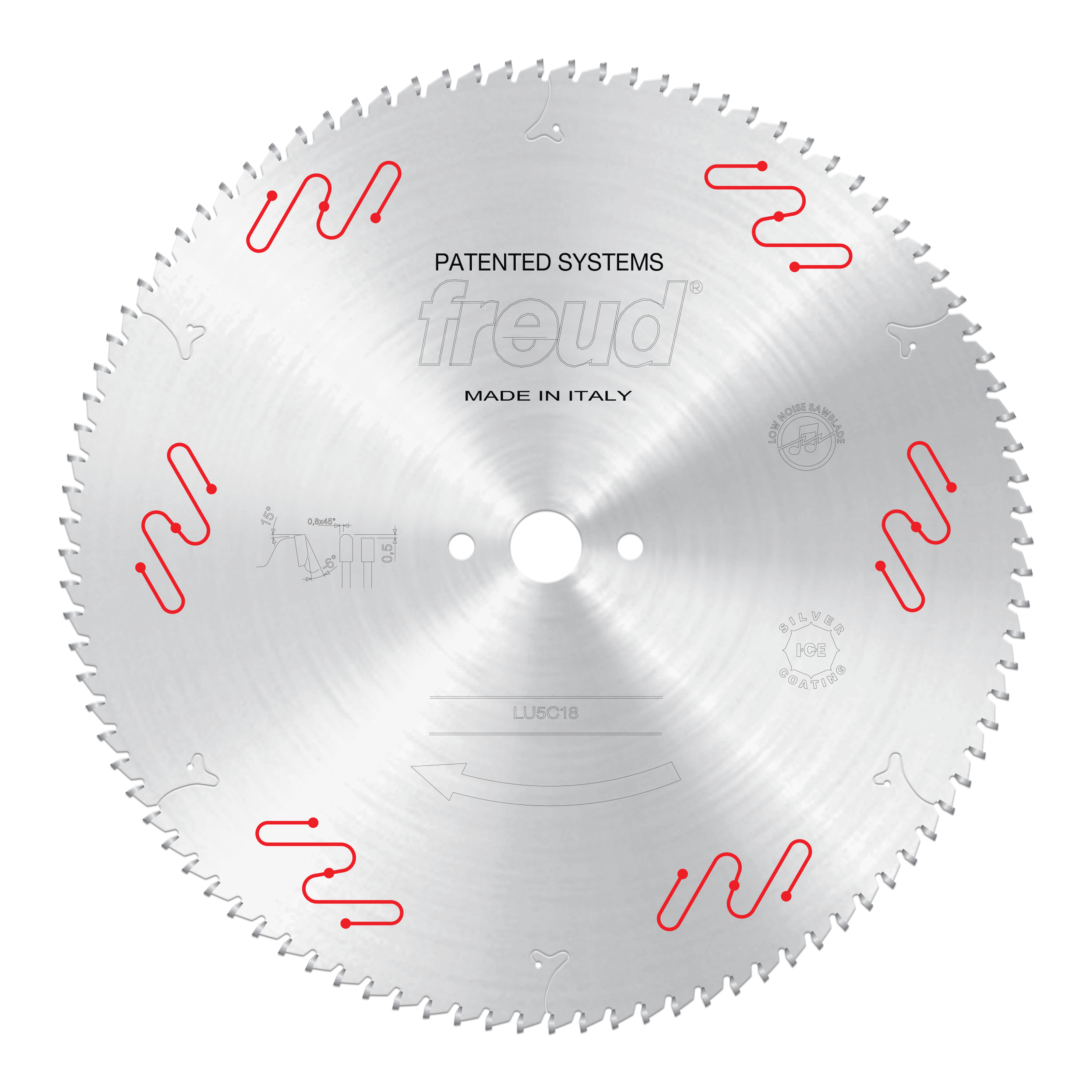 Freud LU5C18 400mm circular saw blade with fine teeth and red clamping system markings, made in Italy.