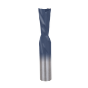 Blue and silver down spiral router bit with twisted flutes and cylindrical shank.